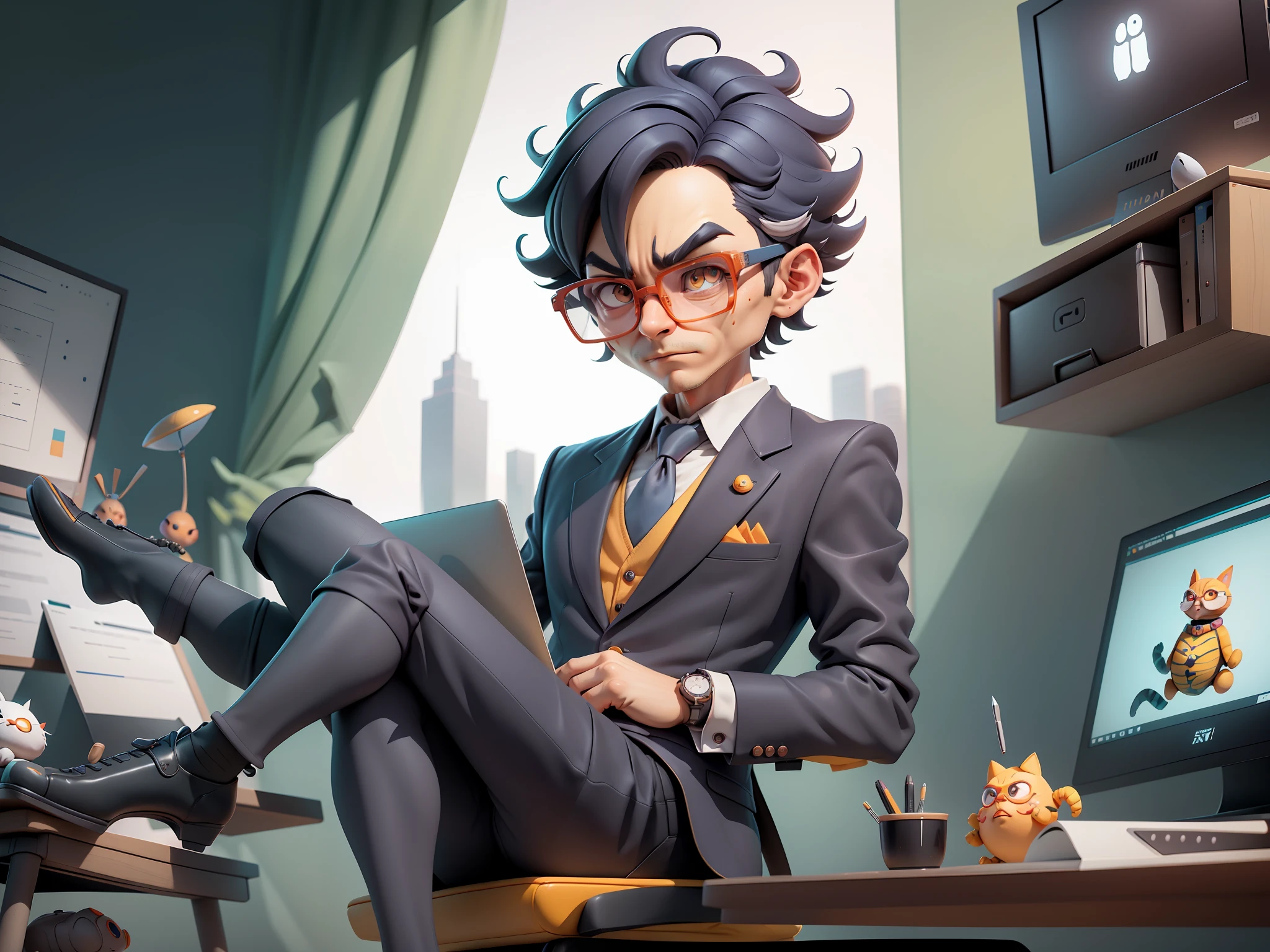 A young man in a suit, Short hair and glasses sat at his desk,holding laptop,digitial painting,tigre,3D character design by Mark Clairen and Pixar and Hayao Miyazaki and Akira Toriyama,4K HD illustration,Very detailed facial features and cartoon-style visuals。