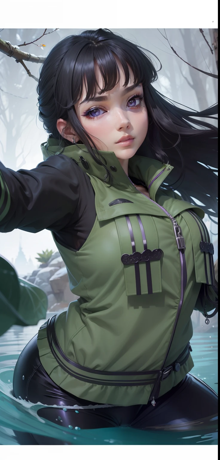 masterpiece, best quality, high resolution, fine detail, amazing and beautiful detail, different_images, 1 girl, moss green jacket black long sleeves, from below, black hair, white-purple eyes, ( big boobs),( big boobs) , (big boobs) , (lower chest), outer space, plants, black pants, symbol of konoha village, purplish-white eyes,