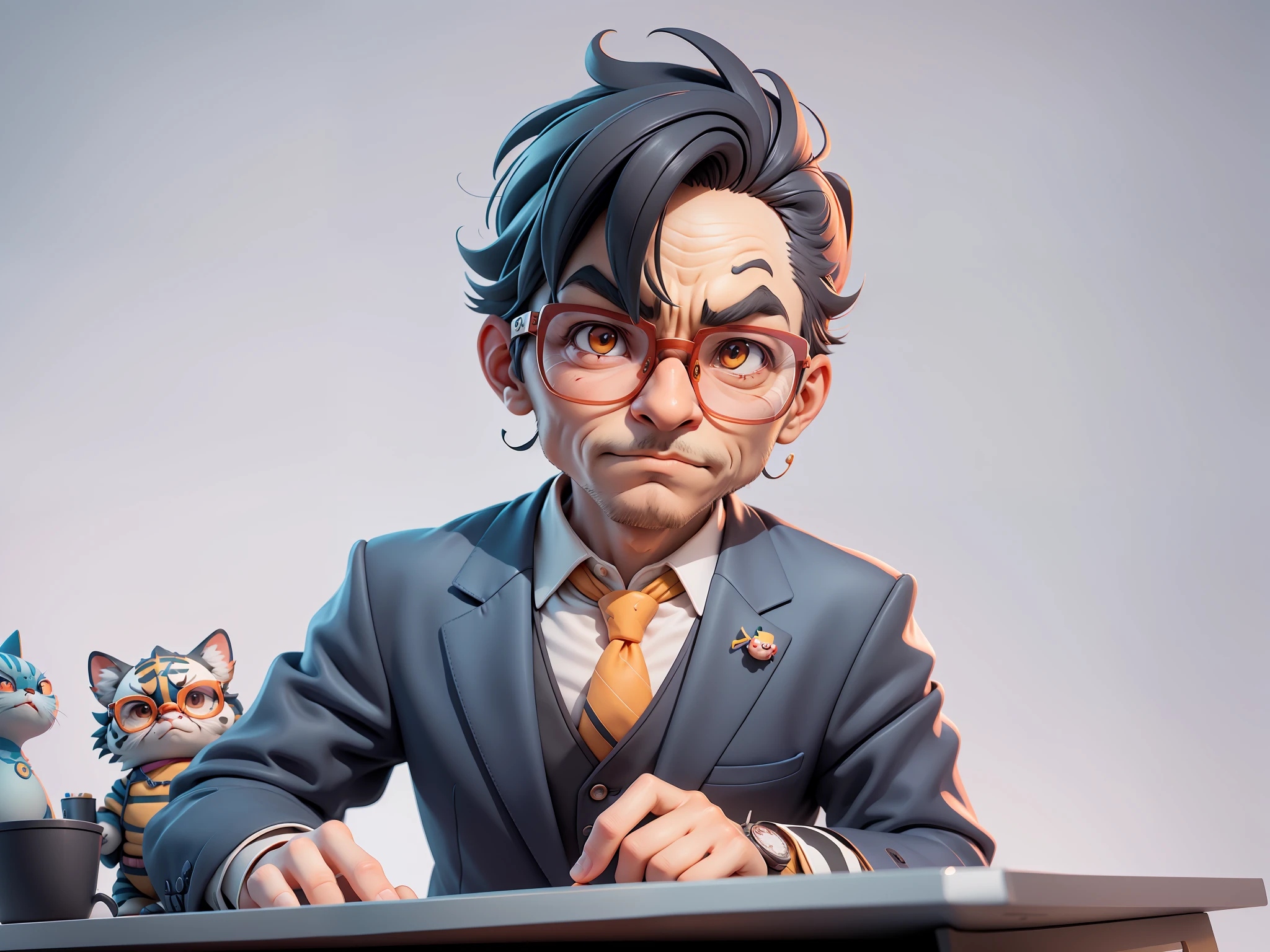 A young man in a suit, Short hair and glasses sat at his desk，holding laptop，digitial painting，tigre，3D character design by Mark Clairen and Pixar and Hayao Miyazaki and Akira Toriyama，4K HD illustration，Very detailed facial features and cartoon-style visuals。