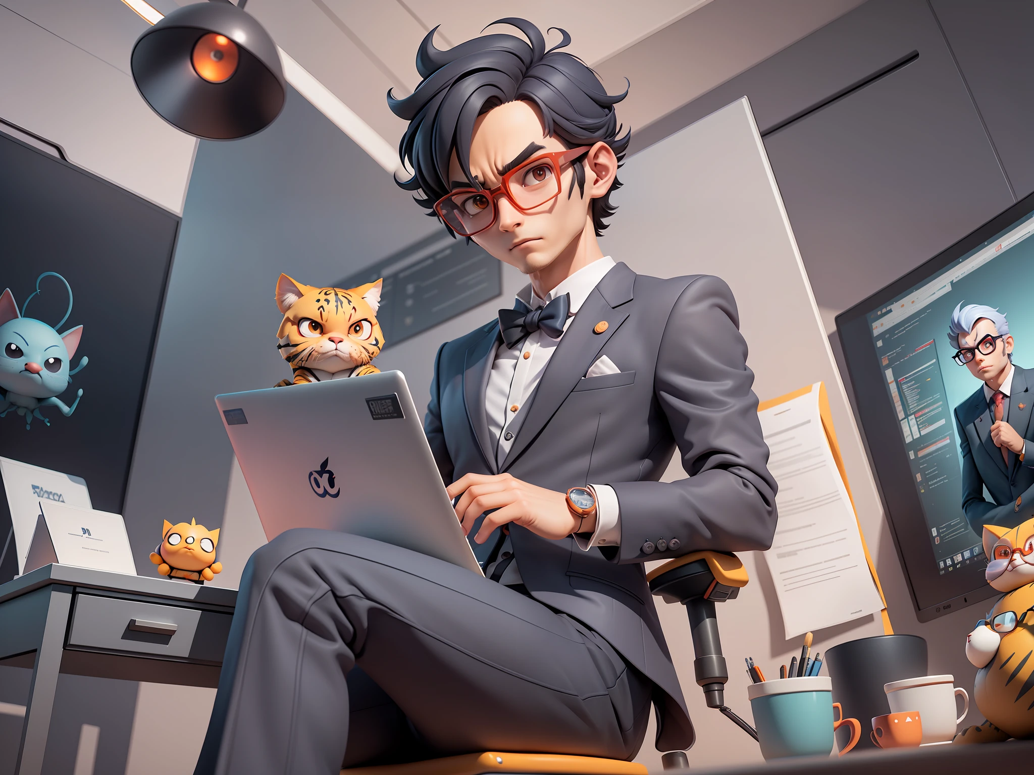 A young man in a suit, Short hair and glasses sat at his desk,holding laptop,digitial painting,tigre,3D character design by Mark Clairen and Pixar and Hayao Miyazaki and Akira Toriyama,4K HD illustration,Very detailed facial features and cartoon-style visuals。