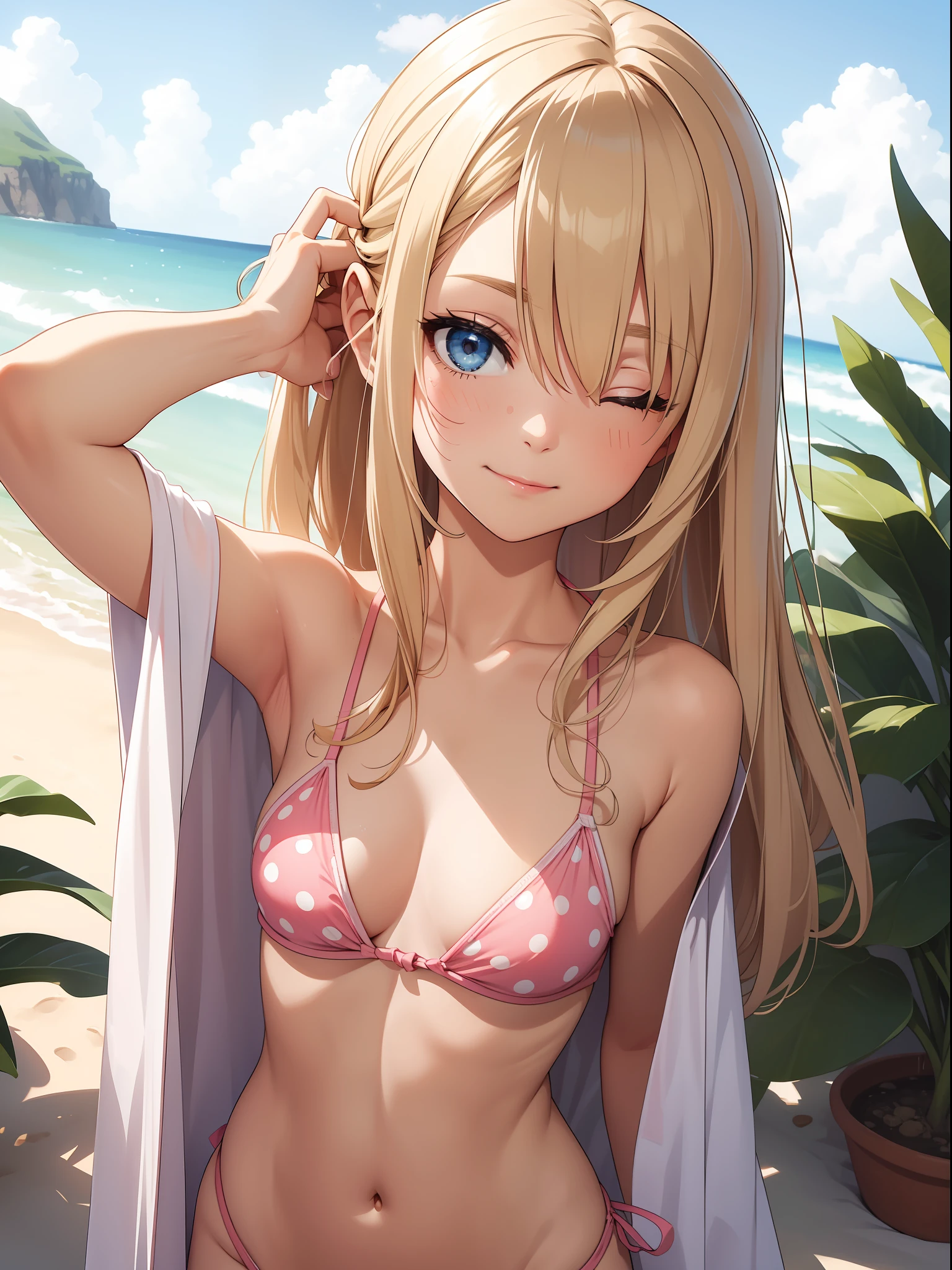 （Top quality ultra-detailed CG art、Upper body naked、Pink polka dot bikini：１.２）、sand beach、a blond、Glossy hair、smooth hair、large blue eyes,Mid summer、Delicate body、breasts are small、Medium Hair、short in stature、It features a simple、Hairpin、ssmile、short in stature、Wearing a blindfold、relax vibe、Always cheerful and popular girl、cheerful girl、Tying hair、