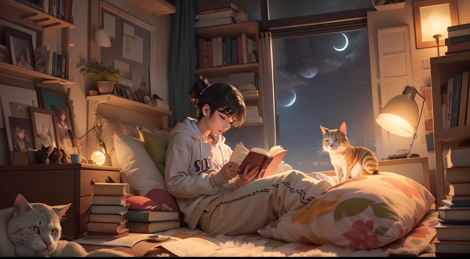 JOVEN ESTILO ANIME EM UM QUARTO OUVINDO MUSICA COM UMA JANELA A NOITE MOSTRANDO A LUA E UM GATO NA CAMA ESTUDANDO UM LIVRO com uma estante de livros