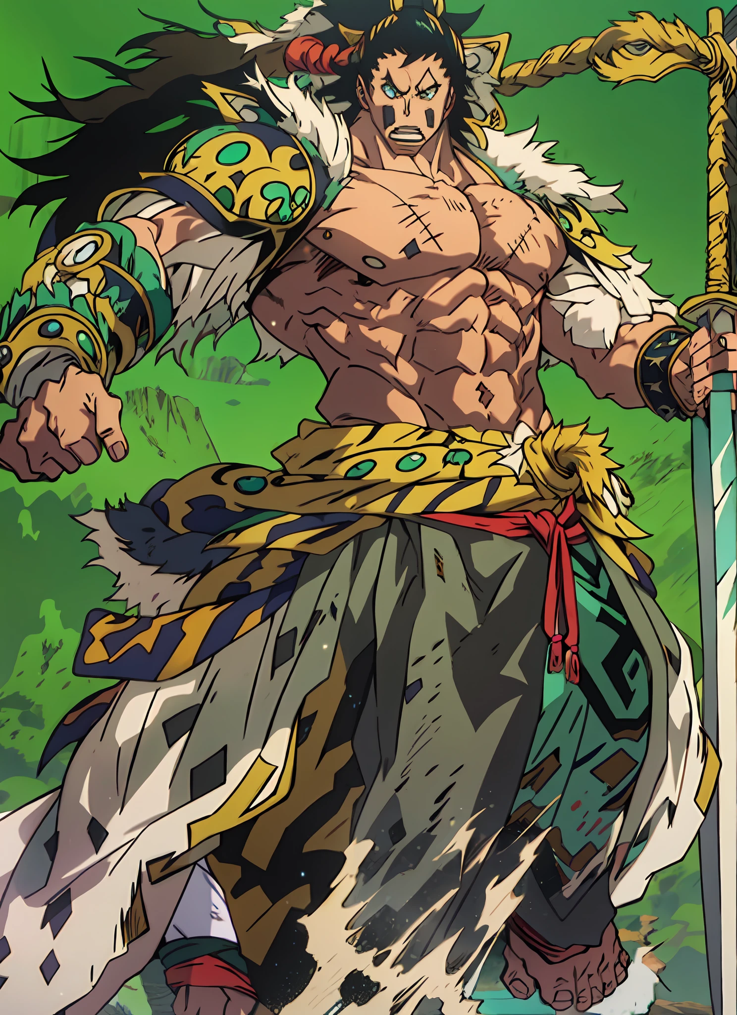 um closeup de uma pessoa com asas personagem de anime com cabelo verde e uma capa verde segurando uma Kanabo/tacape , cara bonito na arte demon slayer, arte de one piece arte detalhada do personagem de anime, arte chave detalhada do anime, arte de anime digital detalhada, Arte Oficial, Broly, casimiro arte, fanart requintada altamente detalhada, 4 k manga wallpaper, arte oficial altamente detalhada, Close-up de corpo inteiro, arte chave do anime em uma rocha, 2. 5 d cgi anime fantasia arte | | |, anime epic artwork, digital advanced anime art ", Akira, Mitologia Chinesa, arte de fantasia de anime, arte de fantasia digital 2d detalhada, Anime Wallaper, arte detalhada do personagem de anime, Advanced digital anime art, legendary god holding spear, Anime Tribal Boy com cabelo longo, a drawing of a man with a feathered head and a sword, cara bonito na arte demon slayer, muscular character, as a badass monster hunter, lobisomem musculoso, forte e imponente, arte detalhada do personagem de anime, guerreiro masculino, from attack on titan, peito fofo, as a titan, super buff e cool, as an ugly titan, personagem de anime masculino, male barbarian, SHANDIAN, marrom, olhar horrorizado em seus olhos, he has a swollen eye, Tatuado, indigena, one piece, asas de anjo pequenas branca Preparando, nika, deus do sol, deus da lua, rei macaco, jovem indigena tribal, Tupã, broly, Kalgara, Luffy, anjo caido, omniman, invecible,  Tacape