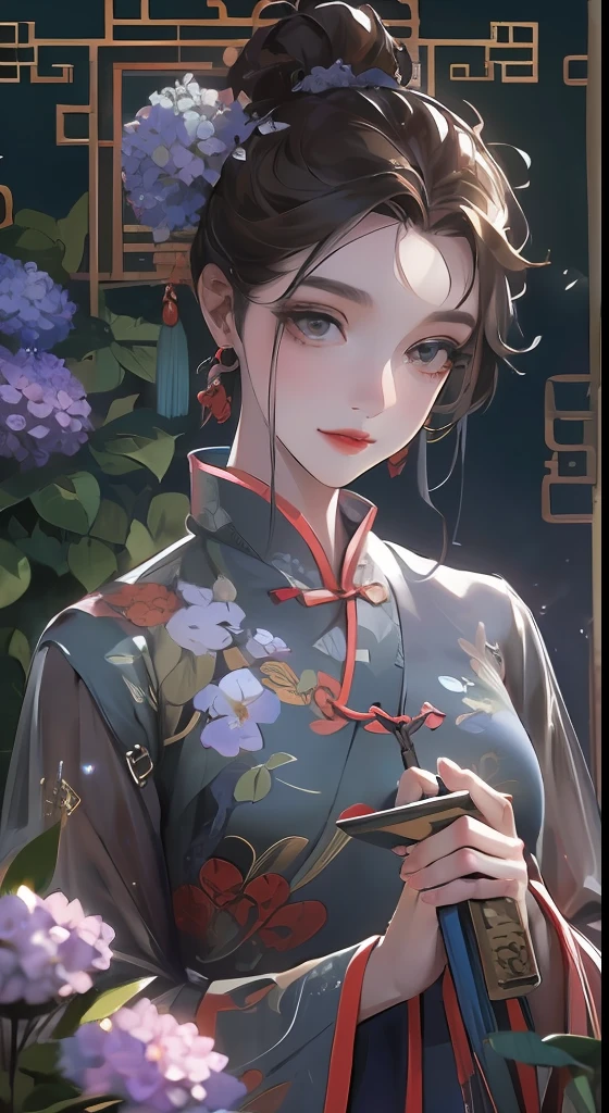 Masterpiece, Superb Product, Night, Full Moon, 1 Woman, Mature Woman, Chinese Style, Antique Chinese, Sister, Royal Sister, Smile, Brunette Hair, Updo, Red Lips, Calm, Intellectual, Hairpin, Hair Flower, Detailed Facial Details, Detailed Eyes, Full Body, Gray Eyes, Long Hair, Hydrangeas
