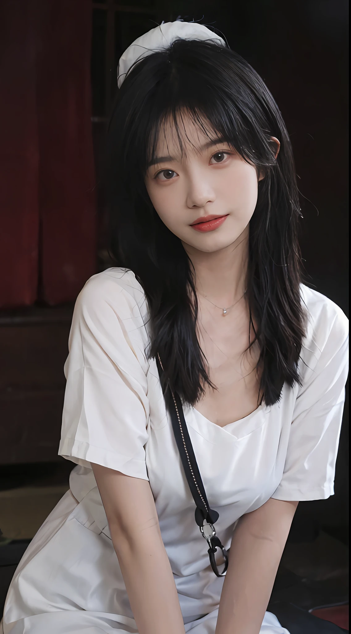 best qualtiy, 超高分辨率, (realisticlying:1.4), Baoyu Girl, Black long straight,A pair of clear and moving peach blossom eyes,Royal Sister,sunshine on face,with long coiled hair,((Cut hair in layers,Mid-chest:2.1)),(Chinese nurse uniform:1.4),(choker necklace:1.2),(Fair skin:1.9),(full bodyesbian:1.2)a sense of atmosphere,a beauty girl, ssmile,head straight-looking at viewer, closeup cleavage ,(Photorealistic:1.4),Sexy,(The upper part of the body:1.4),(Wet body:1.3),White silk suspender stockings