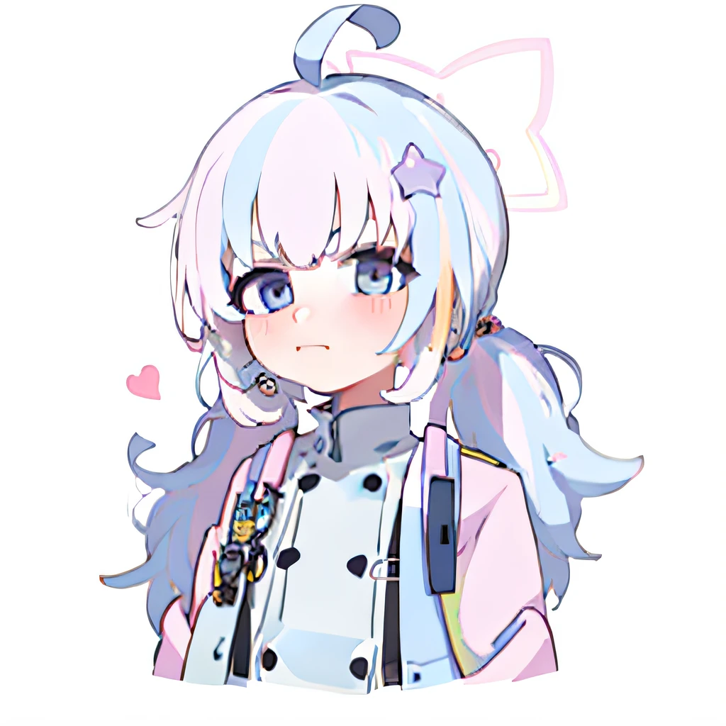 cartoon drawing of a girl with a ponytail and a blue jacket, smol, cute character, neferpitou, shikamimi, white haired, she has a cute expressive face, with index finger, girl with white hair, white haired deity, telegram sticker, anime moe artstyle, [[[[grinning evily]]]]