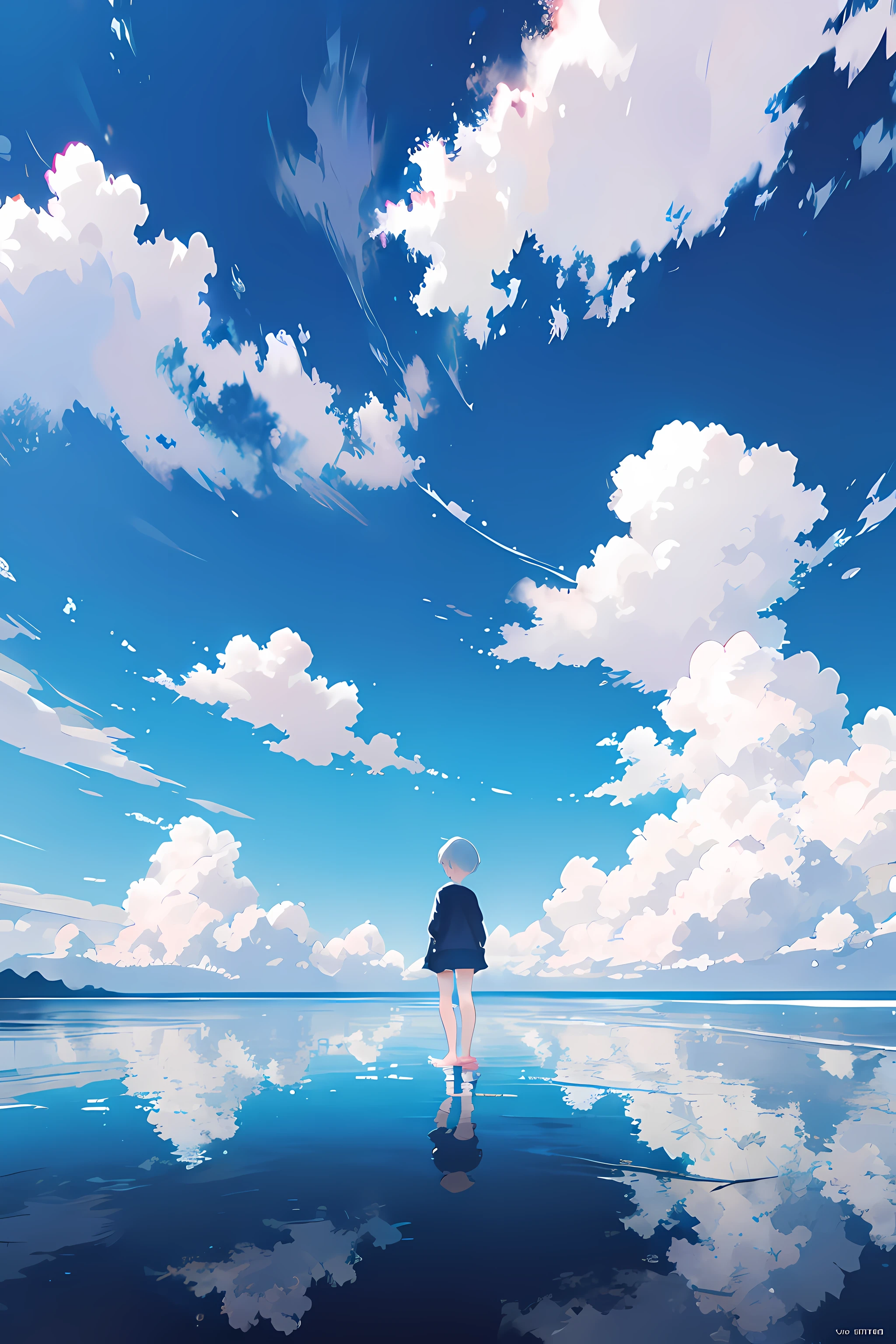 MKSKS style, (flat_Color, 2D, Pastel_Style), Official artwork, (Blue_Theme:1.2), Clouds, Niconico, offical wallpaper, (partly_Colored:0.5), (Traditional media:0.5), (Wide_Shot:1.3)
break
cloudy_sky, (Reflective_water:1.3), scenic, sky, water, (Ripples:0.5), Reflection, Wind, (Cinematic:1.2), (horizon:1.3), Shallow_water,, short_Hair, (Hair ribbon:0.5), Barefoot, Skinny, (distant:1.5), Solo