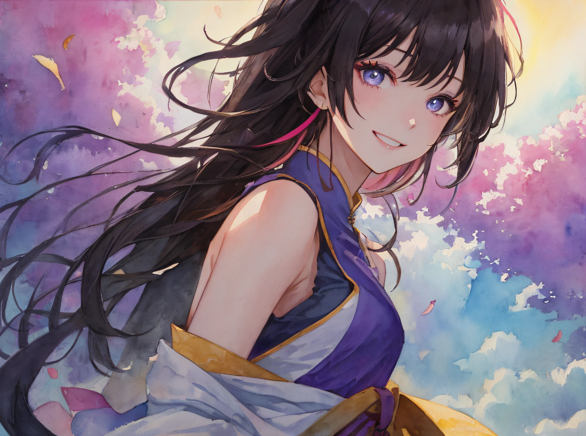 hyper detailed illustration ,superfine illustration, ((((masterpiece)))), High quality, very_high_resolution, Large_filesize, fulcolor ,Very cute and beautiful girl,Very cute and beautiful anime face and eyes, Very delicate eyes,eye shadow,Female, 年轻,20 years old, One Side Up、Solo, 1 girl, Transparent skin ,head to waist, multicolored hair(A dark-haired Light purple)、Pink mesh、Natural smile, small tits、sleeveless, arms behind back, watercolor paiting、Beautiful background,Fantastic background、夏天、suns