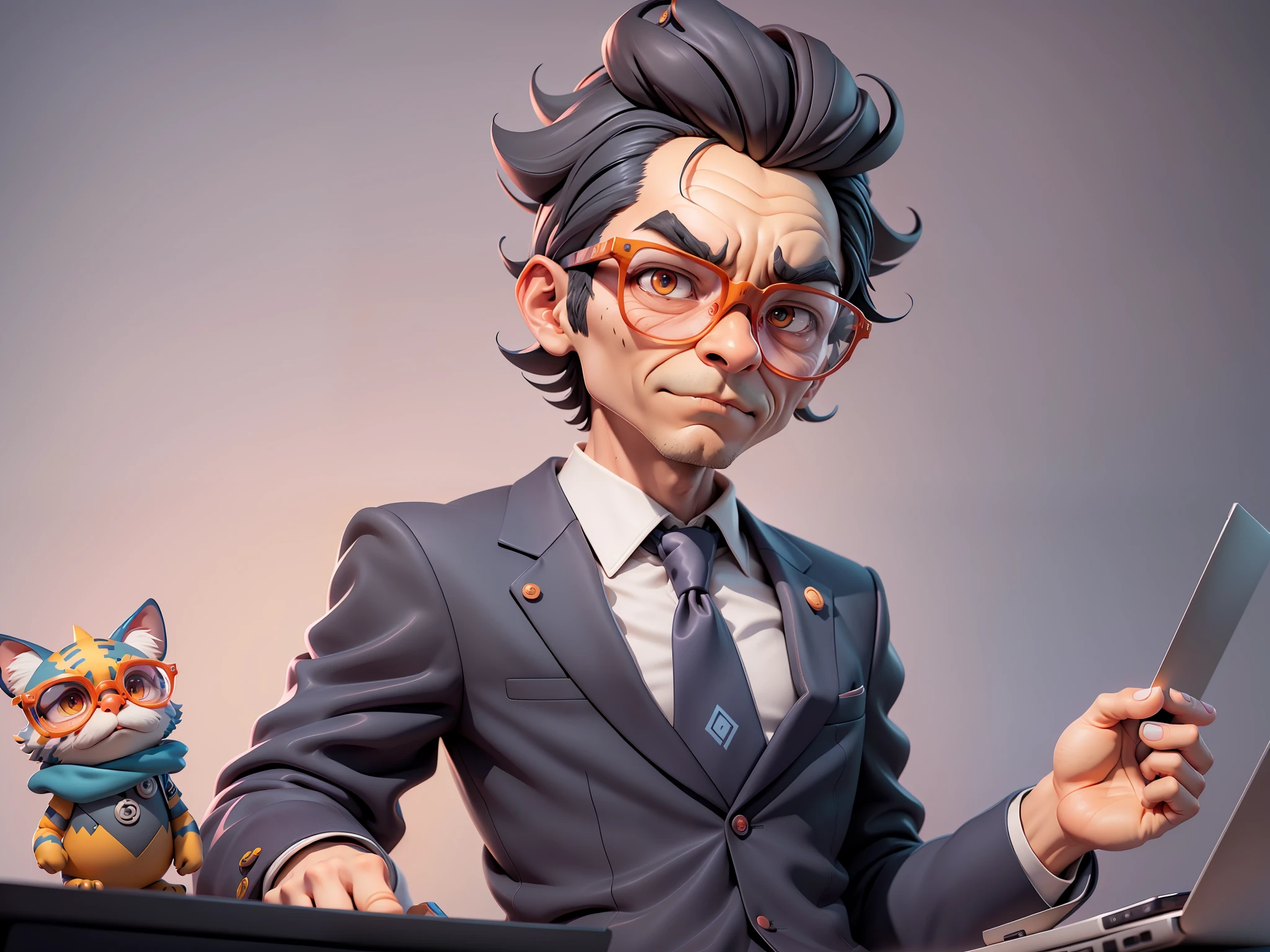 A young man in a suit, Short hair and glasses sat at his desk，holding laptop，digitial painting，tigre，3D character design by Mark Clairen and Pixar and Hayao Miyazaki and Akira Toriyama，4K HD illustration，Very detailed facial features and cartoon-style visuals。