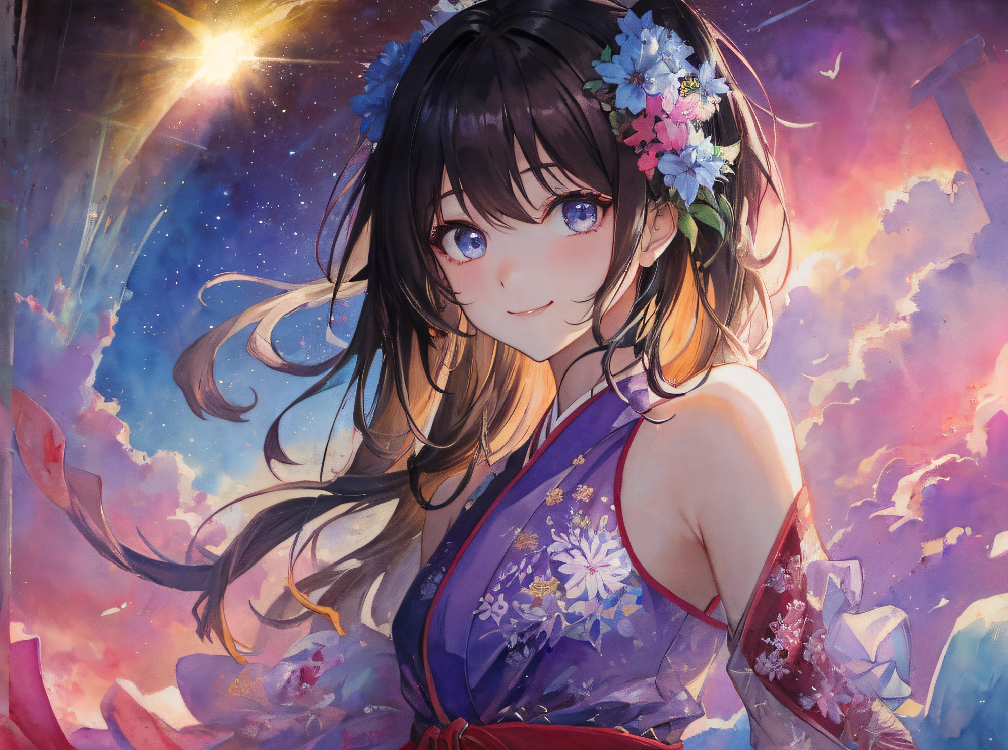 hyper detailed illustration ,superfine illustration, ((((masterpiece)))), High quality, very_high_resolution, Large_filesize, fulcolor ,Very cute and beautiful girl,Very cute and beautiful anime face and eyes, Very delicate eyes,eye shadow,Female, 年轻,20 years old, One Side Up、Solo, 1 girl, Transparent skin ,head to waist, multicolored hair(A dark-haired Light purple)、Pink mesh、Natural smile, small tits、sleeveless, arms behind back, watercolor paiting、Beautiful background,Fantastic background、夏天、suns