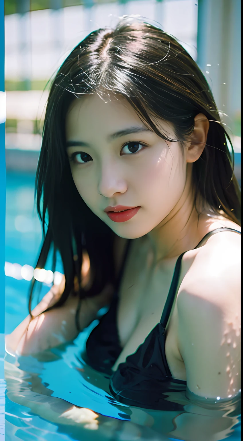 Best Quality, 超A high resolution, (Realistic: 1.4), Original photo, Head Photo, Black eyes, detail,1人の女性、 swimming pools