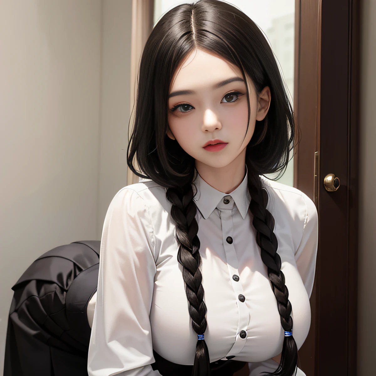 The pure beauty of the girl，big breasts beautiful，cabelos preto e longos，黑The eye，cropped shoulders，a skirt，Medium chest，school ground，Twist braids，Nice face，delicated face，Juvenile，