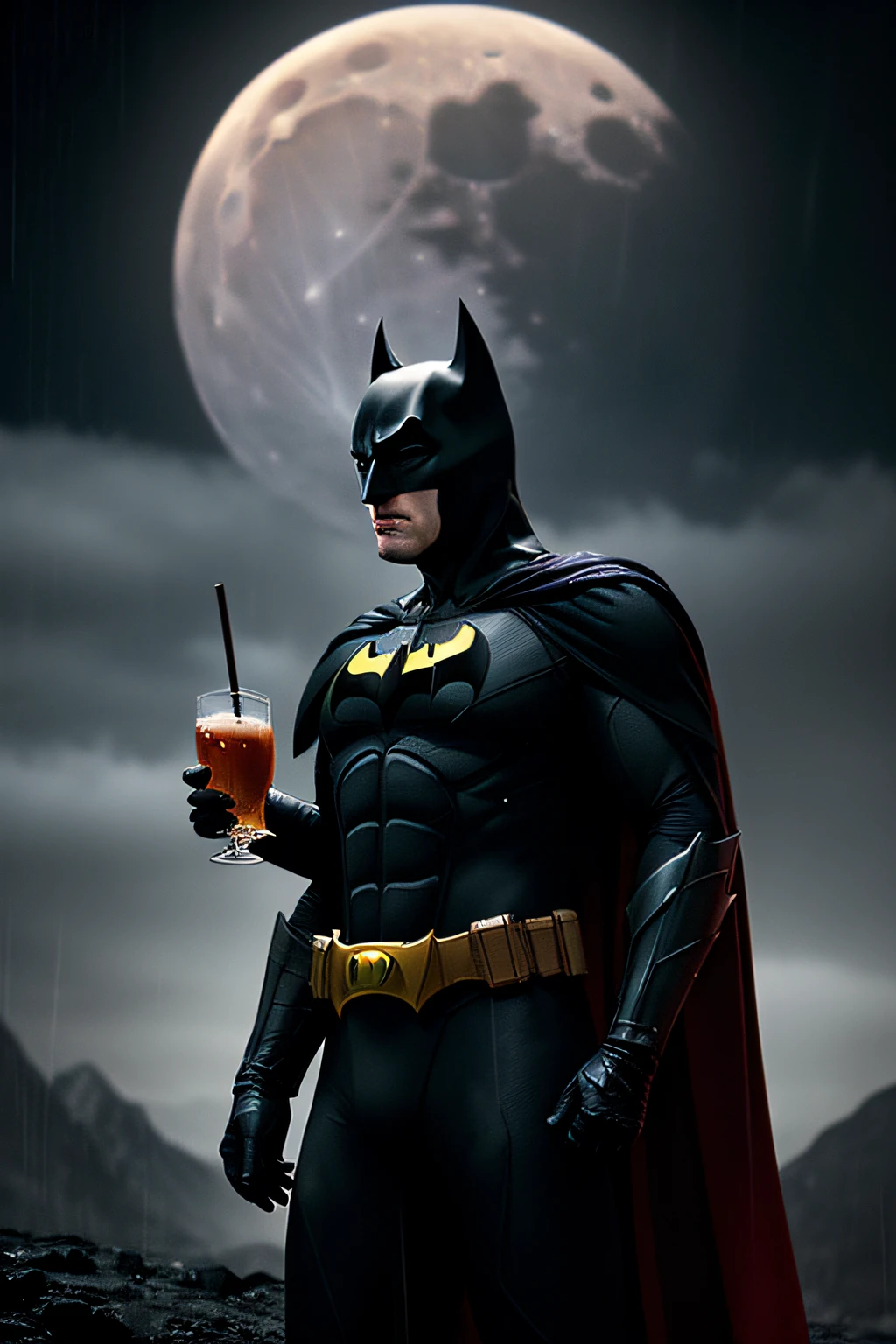 "Imagine an epic cinematic scene where Christian Bale is portrayed as Batman (The Dark Knight) on the far side of the moon. Use cutting-edge cinema-grade camera technology to achieve stunning visual quality, with an 8K resolution and a wide color range to enhance every detail of the image.

The scene should be set under heavy rain falling on the moon, creating a striking and unique visual effect. Ensure that raindrops are clearly visible in the image, highlighting the texture of Batman's suit and reflecting the drops on his armor.

Carefully design the lighting to give the scene a mysterious and dramatic atmosphere. Use dim and diffused lights to prominently illuminate his face and suit, while casting shadows on the lunar ground, creating a stunning contrast.

Regarding Christian Bale's posture, depict him in a relaxed pose, holding a refreshing beverage in his hand, giving him a sense of familiarity and humanity even in such a lunar setting. His expression should reflect a calm determination, as if he is vigilant and alert even in such a remote location.

The details of Batman's suit must be extremely precise, showing every stitch, plate, and accessory. Ensure that the bat logo on his chest stands out clearly against the rainy backdrop.

The background should portray the grandeur of the far side of the moon, with distant craters and mountains lining the horizon. Add a touch of lunar haze to create depth in the image and emphasize the sense of isolation and mystery.

The level of realism should be hyper-detailed, making the image look like a high-quality photograph rather than an artistic representation. Every element, from Batman's suit to the raindrops and reflections, must be carefully crafted to create a cinematic masterpiece.

I hope this prompt inspires you to create an impressive image of Christian Bale as Batman on the far side of the moon, sipping a drink and facing the rain with all his splendor and heroism!"