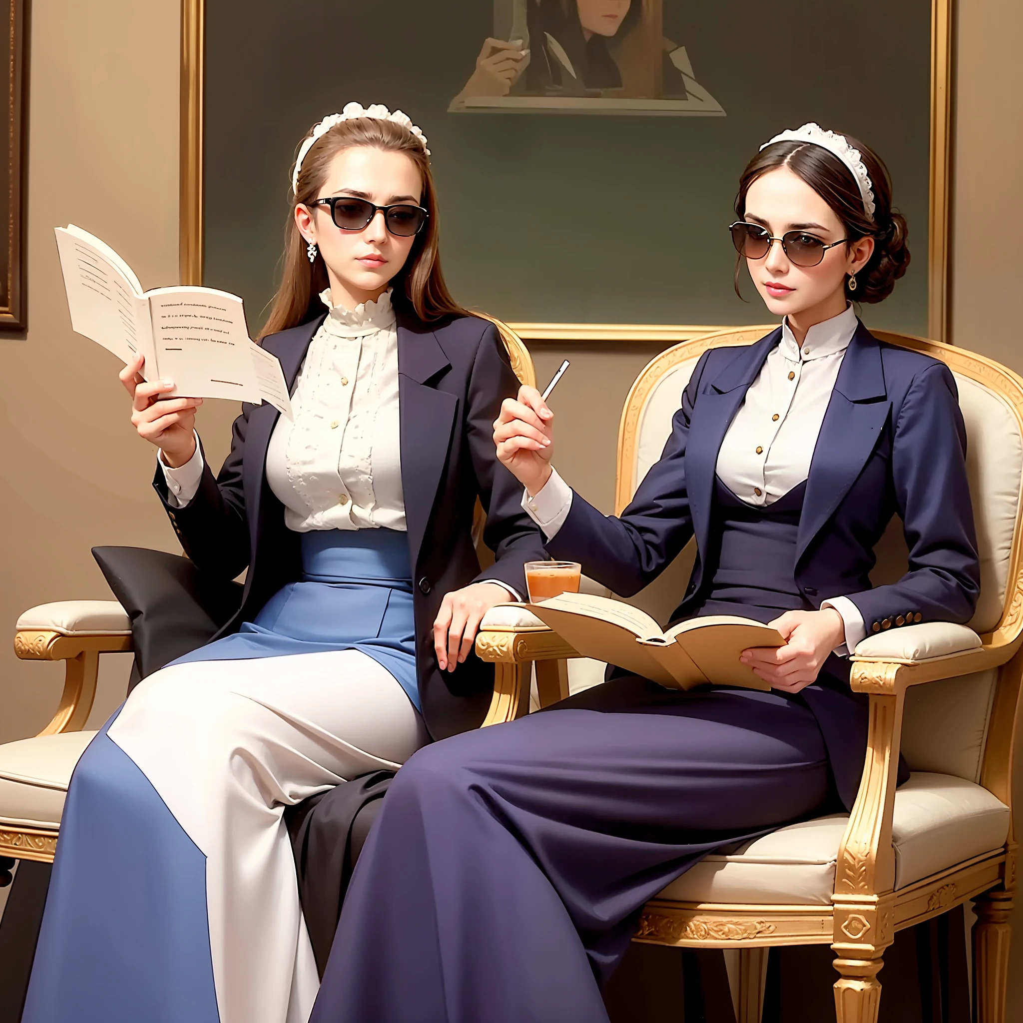 An aristocratic woman, wearing a long skirt, wearing sunglasses, sits in a chic cafe, drinking a cappuccino and reading a book.