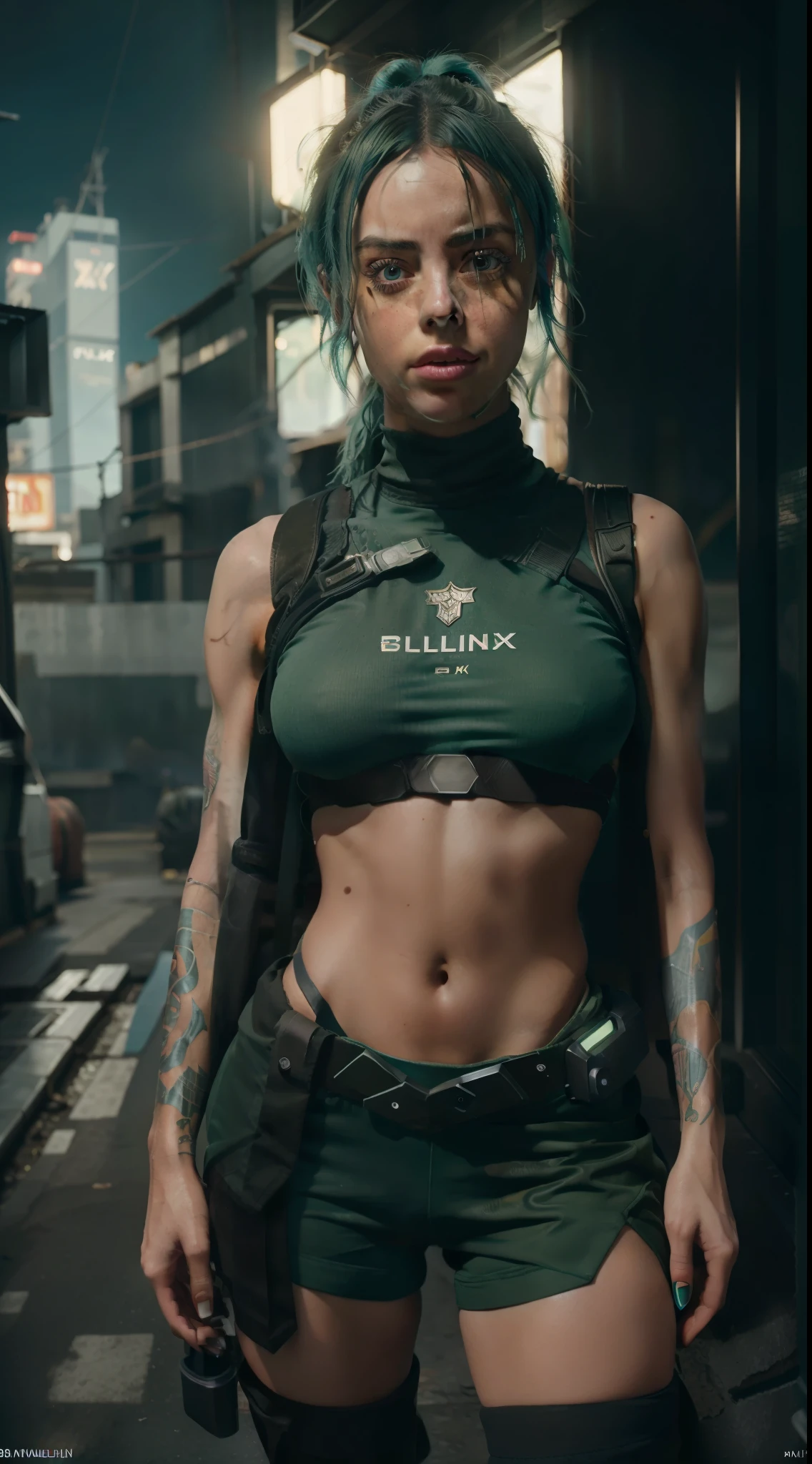 8k, ARTISTIC photography, best quality, masterpiece: 1.2), RAW photo, a (potrait:1.2) of a woman , Cyberpunk Character, wearing militaryTactical Vest (((Billie Eilish))) (highly detailed skin:1.2), 8k uhd, dslr, soft lighting, high quality, film grain, Fujifilm XT3, staring at the camera in front, blue-Green hair, ((dynamic pose))) over-detailed face, beautiful body, voluptuous body, and beautiful abs , ((green clothes)), 8k uhd, SLR camera, soft lighting, high quality, film grain, Arri Alexa mini , Cinematic lighting, octane render, cinematic lighting, complex, 8k resolution concept art portrait, edgerunner, blade runner, Cyberpunk 2077, hyperrealistic, photo awesome, realistic, (((pure 8K))), (((perfect anatomy))), extremely high-quality graphics, Riddley Scott, Blade Runner, Denis Villeneuve, (((cinematic lighting))), ((clear details)), complex, highly detailed background, posing in a shanty town street, midday sunlight.