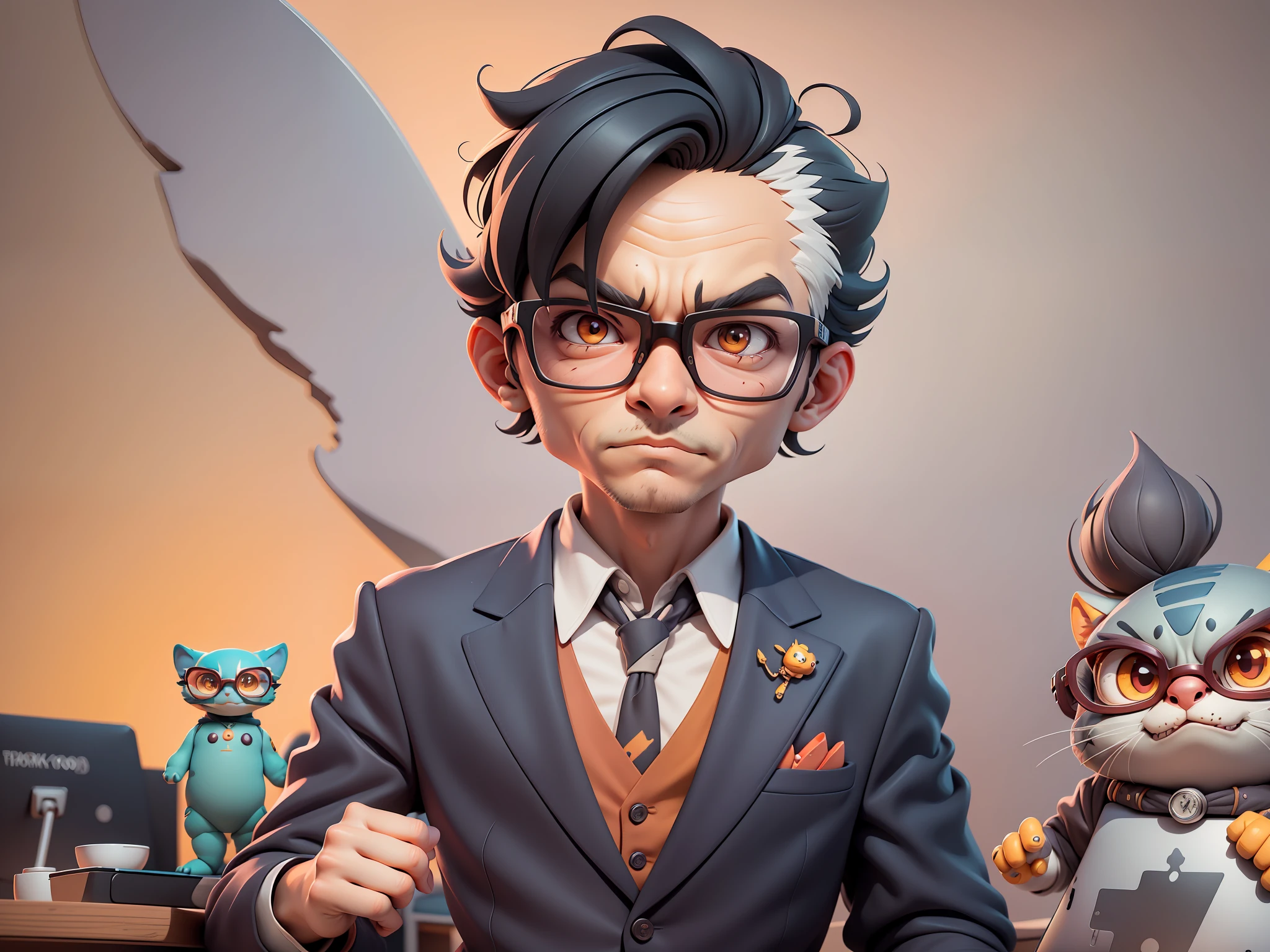 A young man in a suit, Short hair and glasses sat at his desk,holding laptop,digitial painting,tigre,3D character design by Mark Clairen and Pixar and Hayao Miyazaki and Akira Toriyama,4K HD illustration,Very detailed facial features and cartoon-style visuals。