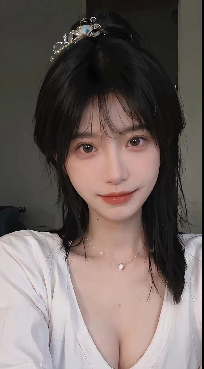 best qualtiy, 超高分辨率, (realisticlying:1.4), Baoyu Girl, Black long straight,A pair of clear and moving peach blossom eyes,Royal Sister,sunshine on face,with long coiled hair,(Cut hair in layers),(Nurse's uniform:1.4),(choker necklace:1.2),(Fair skin:1.9),(full bodyesbian:1.2)a sense of atmosphere,a beauty girl, ssmile,head straight-looking at viewer, closeup cleavage ,(Photorealistic:1.4),Sexy,(The upper part of the body:1.4),(Wet body:1.3)