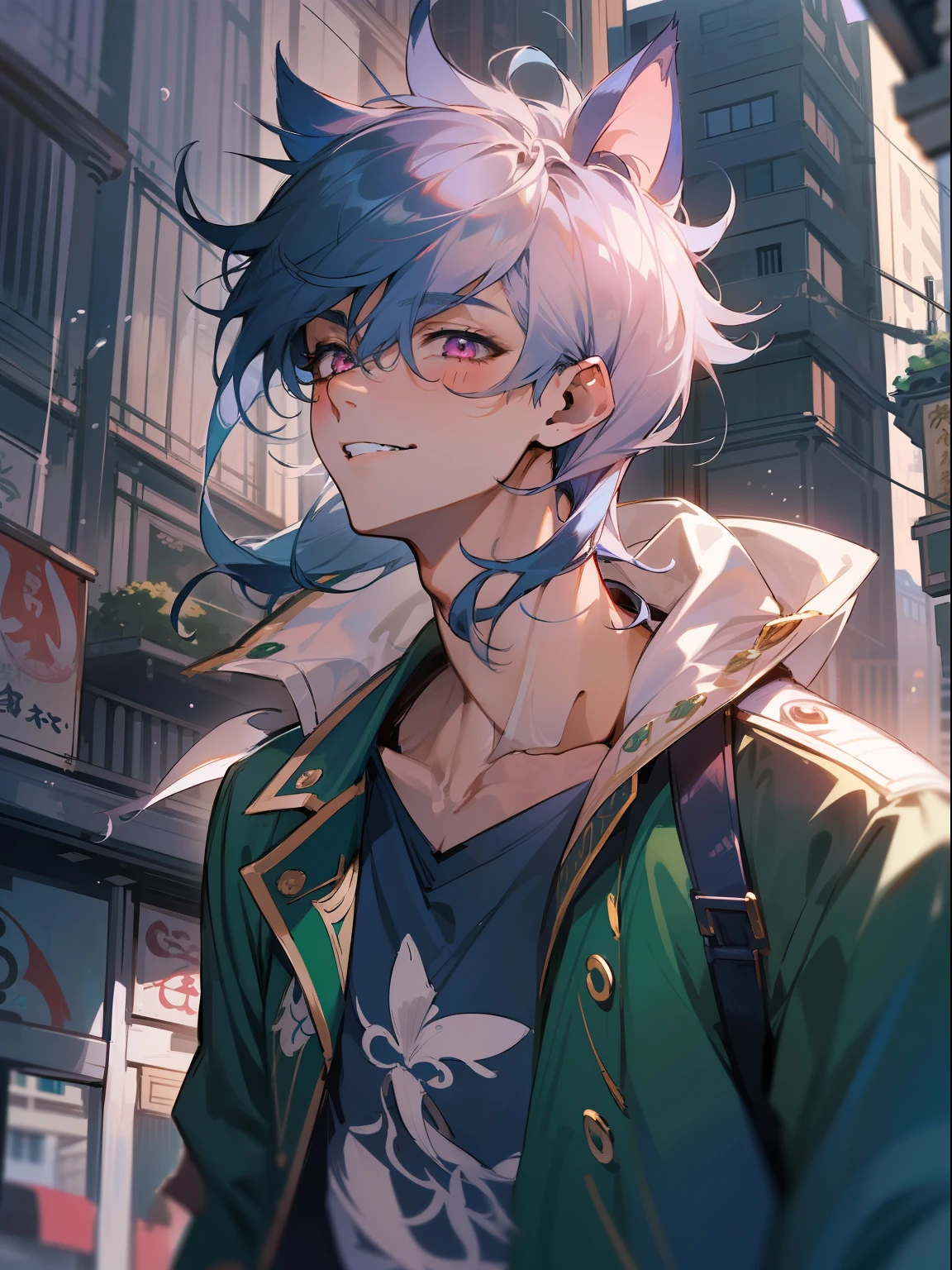 Ultra Detail,Haig Quality,sketch,1boy,matured male,Beautiful face,(Navy blue hair,Outer hair:1.3),Handsome men,Pearl skin,black tshirt,Moss Green Mod Court,Dynamic Angle,Japan Anime,Pink eyes,Laugh,Like a cat's eye,city,male in his 20s,