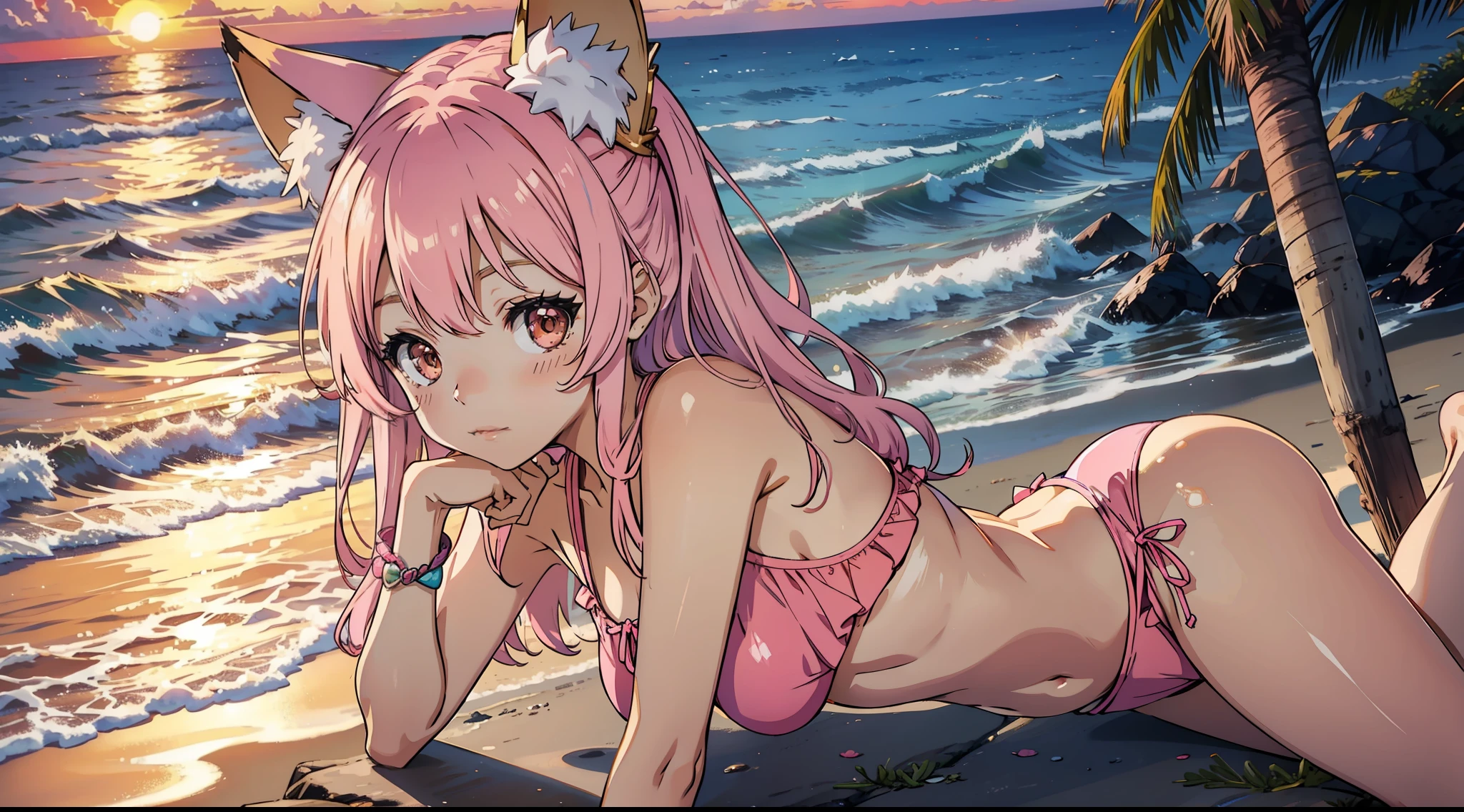 Seaside sunset swimsuit pink fox ears girl