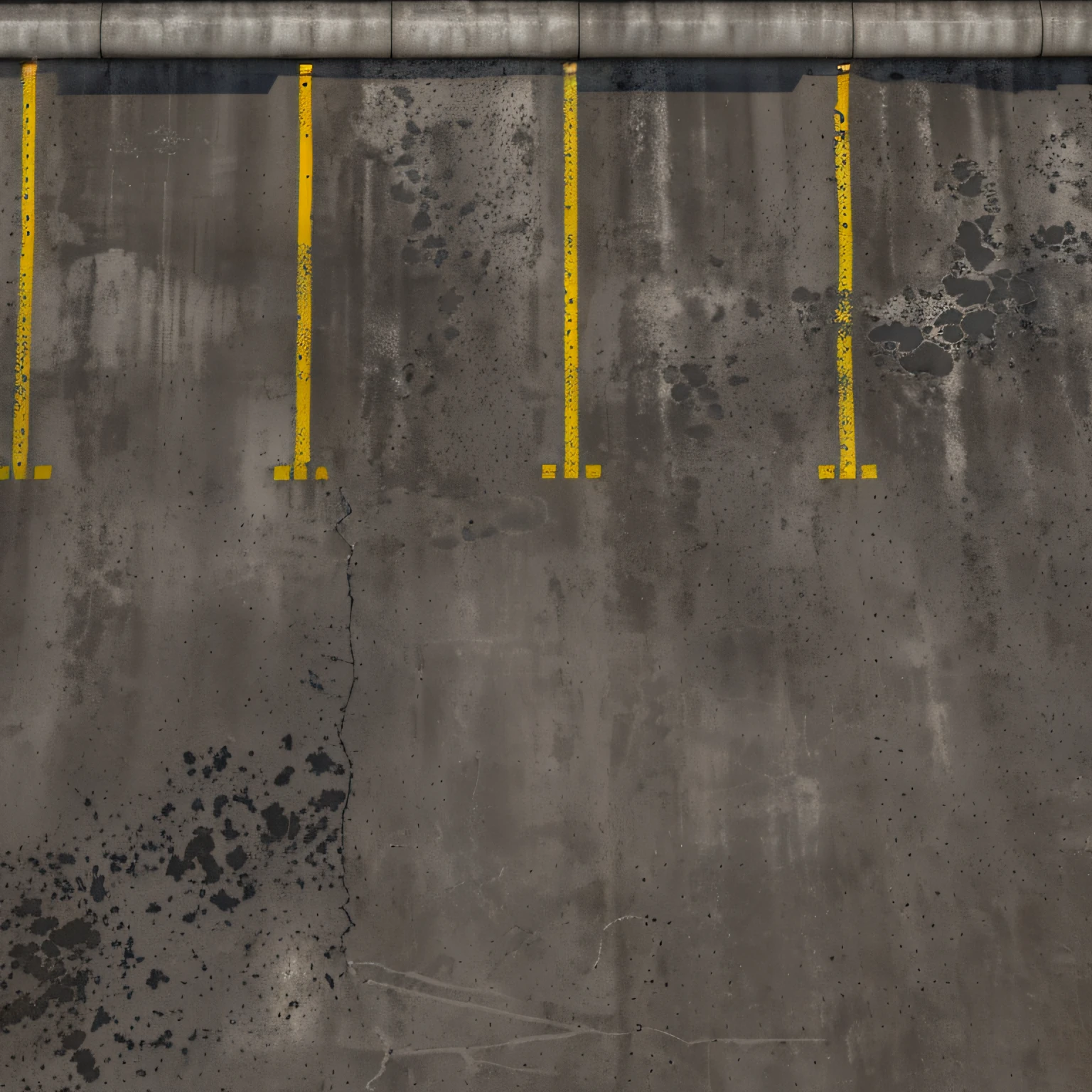 Above there is a photo of the parking lot with a yellow line, Seamless parking texture with curb and yellow shabby marking lines, concrete slabs and asphalt, Traces of wheels on the asphalt, [[empty warehouse]] Background, concrete _ wallside ) ], parking, high resolution details, High-resolution detail, concrete, Untextured, Super High Resolution, high resolution texture, concrete wall, dark hangar background, Gray warehouse background, high resolution textures, High resolution and detail