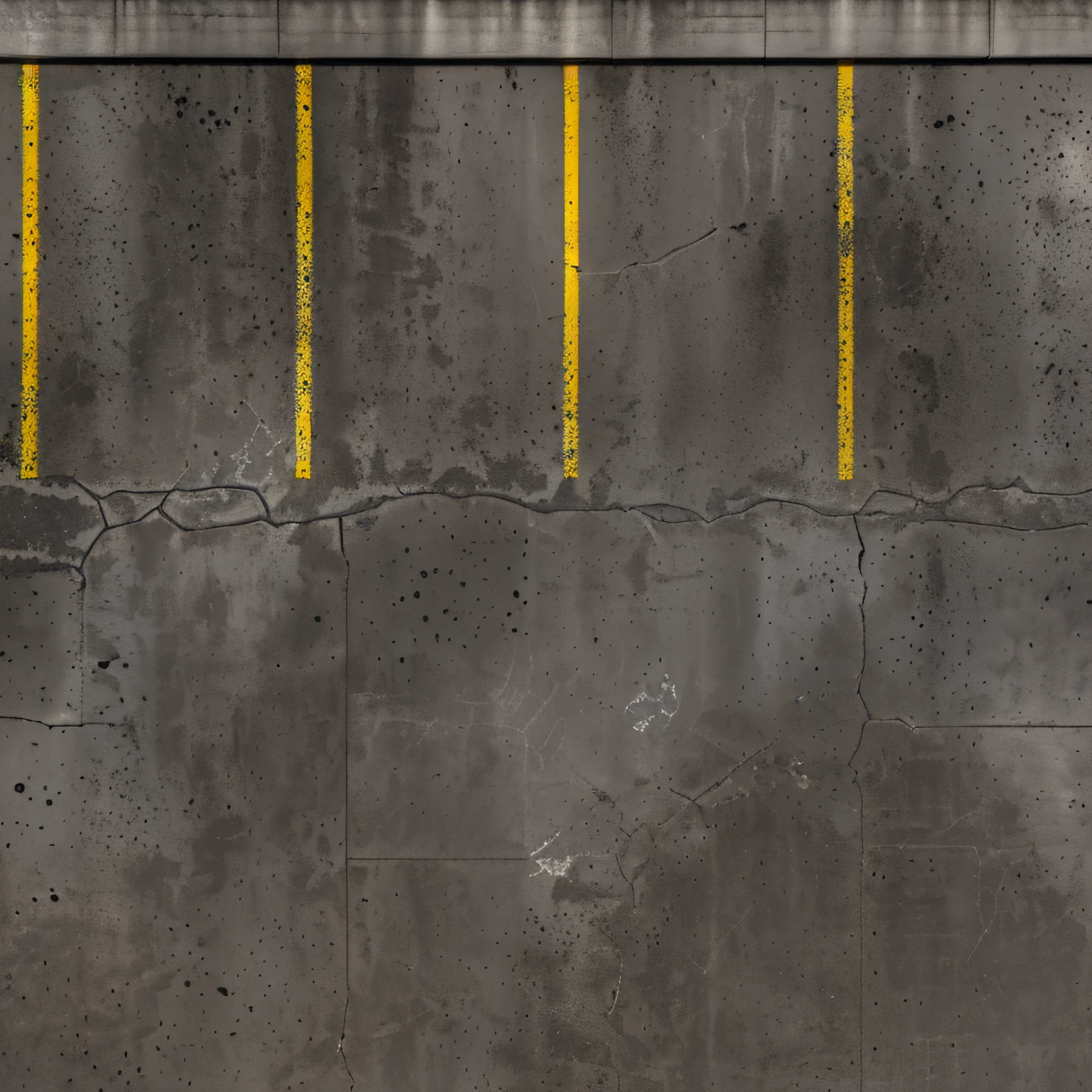 Above there is a photo of the parking lot with a yellow line, Seamless parking texture with curb and yellow shabby marking lines, concrete slabs and asphalt, Traces of wheels on the asphalt, [[empty warehouse]] Background, concrete _ wallside ) ], parking, high resolution details, High-resolution detail, concrete, Untextured, Super High Resolution, high resolution texture, concrete wall, dark hangar background, Gray warehouse background, high resolution textures, High resolution and detail