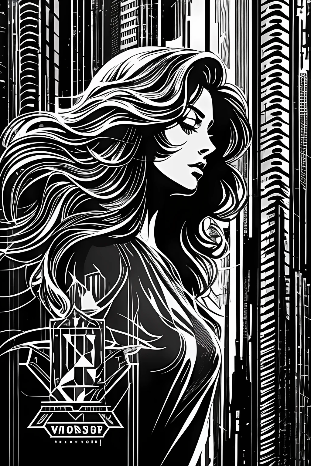 tshirt logo design isolated in black background, sexy woman silhouette, waves patern framming, masterpiece, best quality, ((detailed face)), ((award winning)), (High Detail), Sharp, 8k, vectorial art