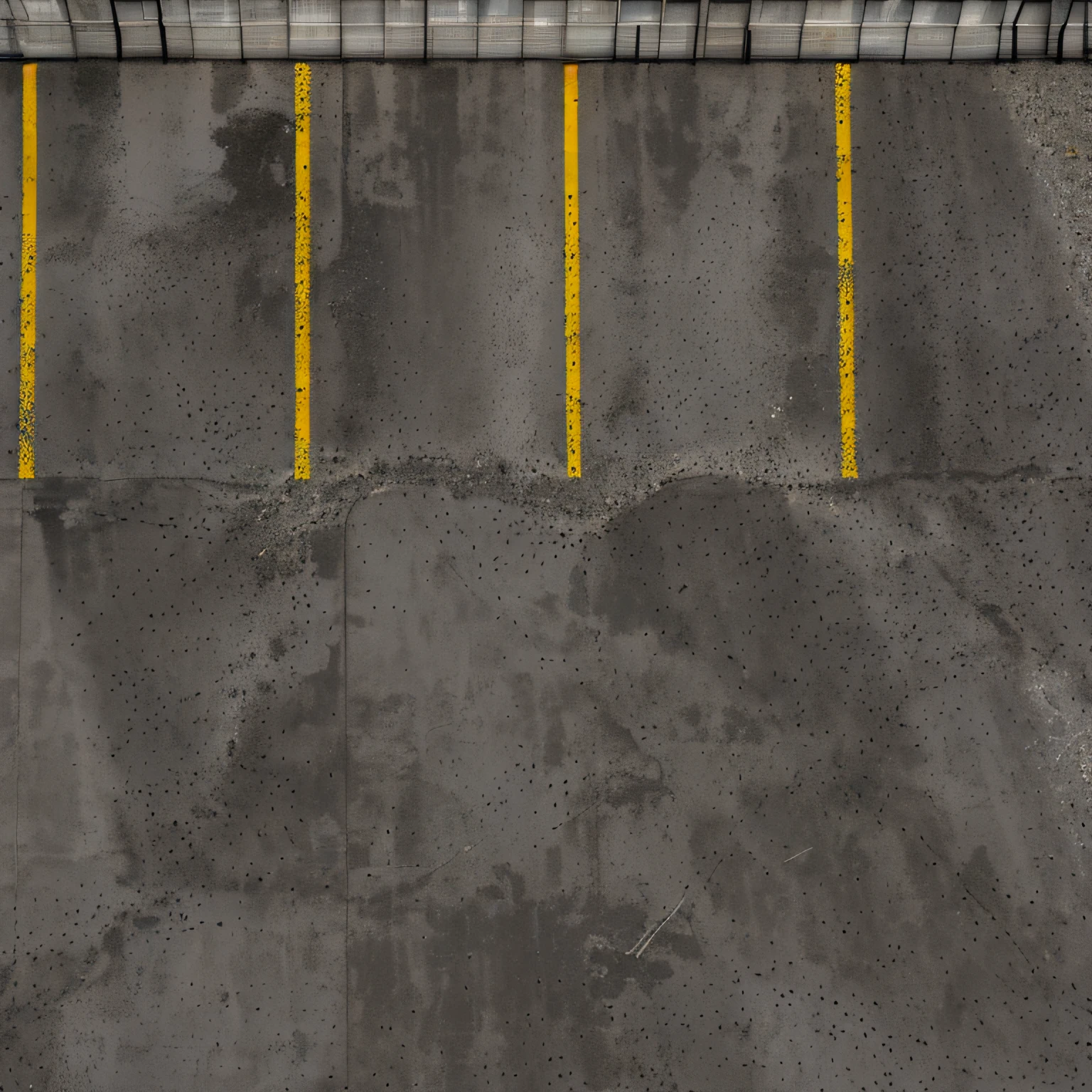 Above there is a photo of the parking lot with a yellow line, Seamless parking texture with curb and yellow shabby marking lines, concrete slabs and asphalt, Traces of wheels on the asphalt, [[empty warehouse]] Background, concrete _ wallside ) ], parking, high resolution details, High-resolution detail, concrete, Untextured, Super High Resolution, high resolution texture, concrete wall, dark hangar background, Gray warehouse background, high resolution textures, High resolution and detail