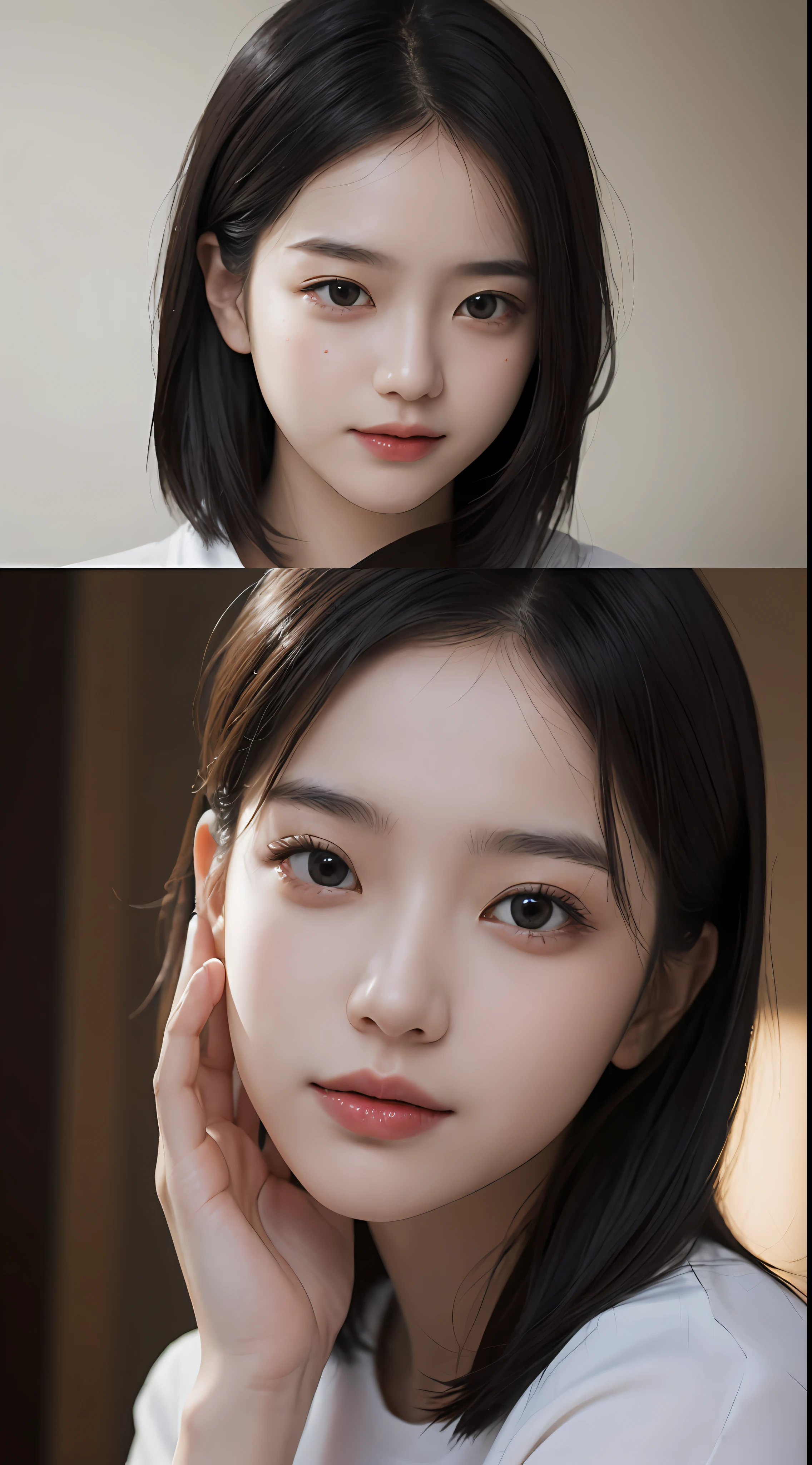 masterpiece、The highest image quality、hightquality、Beautuful Women、japanes、Popular Korean Makeup、detaileds、Swollen eyes、A detailed eye、Detailed skin、Beautiful skins、超A high resolution、(Realistis:1.4)、very extremely beautiful、Slightly younger face、Beautiful skins、thin、(A hyper-realistic)、(illustratio)、(hight resolution)、(8K)、(ighly detailed)(The best illustrations)、(beautifully detailed eyes)、(ultra-detailliert)、(wall-paper)、(详细的脸)、looking at the viewers、fine detailed、 A detailed face、pureerosfaceace_v1、a smile、Looking straight ahead、photos realistic、Bright lighting、profetional lighting、A dark-haired、(((shorth hair)))、brightly lit room、painterly
