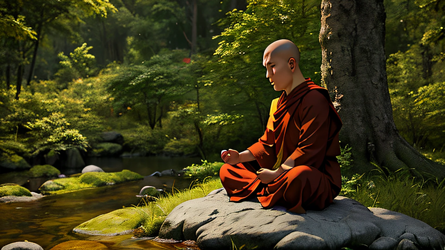 Buddhist monk Meditating sitting on the ground in the middle of the forest, with an expression of inner peace, por do sol, foto ultra realista, detalhes do rosto perfeitos, textura boa de pele, sombras e luz perfeitas, foto ganhadora de premio