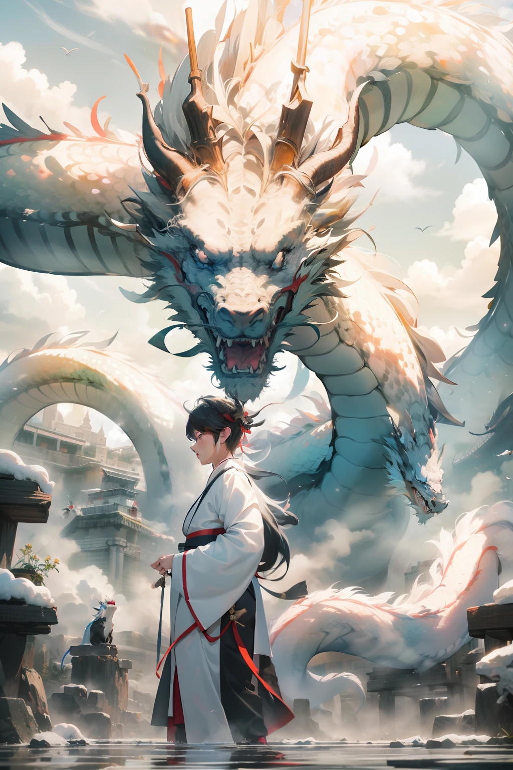 chinesedragon，ice cubes， White dragon， a Oriental Dragons， halter， exteriors， The bird， standing on your feet， ​​clouds， 1boys，The sword， arma，facing to audience，Black sky， holdingweapon， 1other，Hanfu