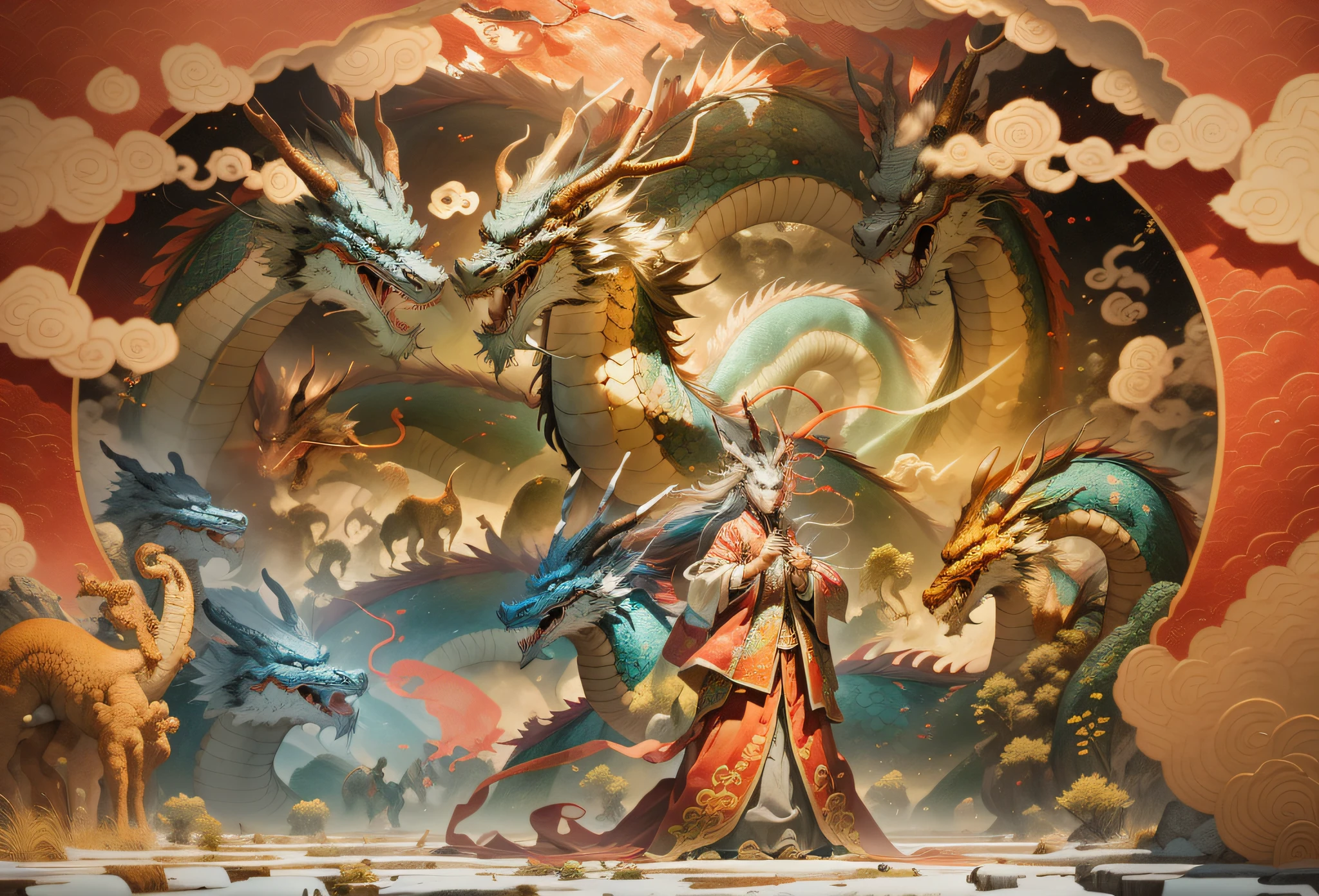 （Scenes of Chinese dragons and people：1.4），（paper art，Quilted paper art，geomerty），（plethora of colors，Best quality，high detal，tmasterpiece，Cinematic lighting effects，4K，Chiaroscuro）