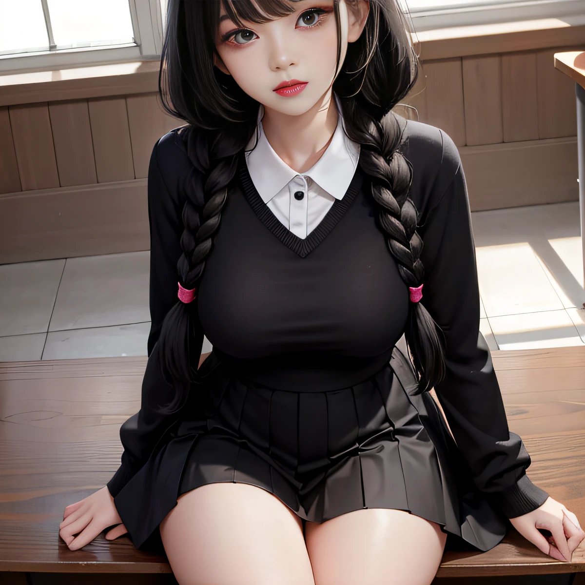 The pure beauty of the girl，big breasts beautiful，cabelos preto e longos，黑The eye，a skirt，Medium chest，school ground，Twist braids，Nice face，delicated face，Juvenile，‎Classroom，