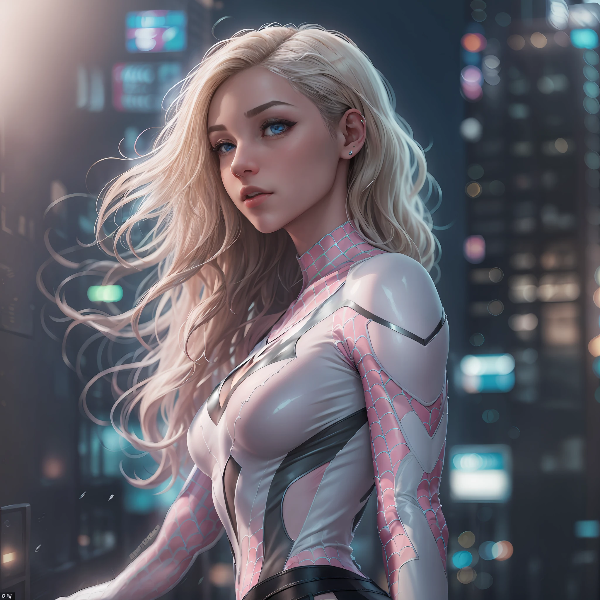 dramatic lights，High quality movie stills（Charming milky Spider-Man Gwen，Stand at the top of the building），nighttime scene，Parallel universe White Spider-Man，（Complicated details，putting makeup on），（delicate beautiful delicate face，exquisite beautiful exquisite eyes，a face with perfect proportion），（shiny skins：1.0），Fine fine skin，strong and realistic blue eyes，Realistic short white hair， cparted lips， putting makeup on， Natural skin texture，Gwen White Spider-Man costume，Gwen's milky white Spider-Man tights，There is a spider pattern on the chest，Pink mesh pattern at the base of the arm（public clothing： 1.5），26-year-old woman，  elastic muscles， （musculature： 1.2）， （（strong and healthy body））， （（More）musculature）））， long leges， curves， （： 1.3）Big breasts Thin waist， Soft waist， （Fine fine skin）， （beautiful and sexy woman），（eyeslashes：1.2），very delicate muscles，Perfect body，perfect anatomia，（full bodyesbian），grimy，dark ambiance，tonedbody，（torn laundry：0.8），Perfect face looking at the audience，[Fine skin]，[freckle]，（grimy），（sludgy），（storm cloud：0.7），（Stormy weather：0.5），Dim natural light，（direct light：0.4），8 mm film grain，photographed using Sony A9 II，24mm lens，f / 2.8 apertures，Deep focus， （primitive），8K，（stand posture）