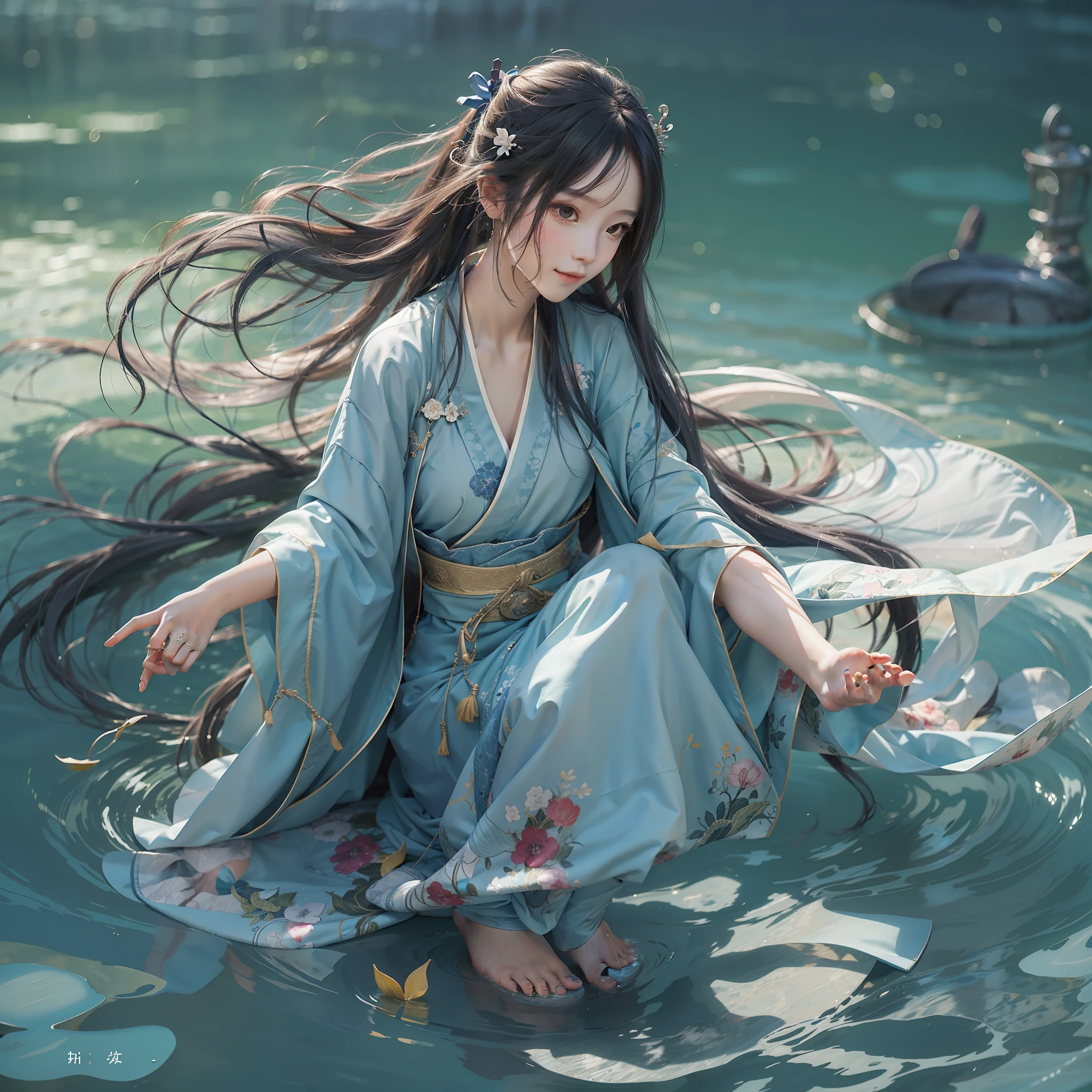 Hanfu, maxiskit, Dress conservatively 1girl, solo, blue long hair, ssmile, standing on your feet, Feet in the water, The barefoot,