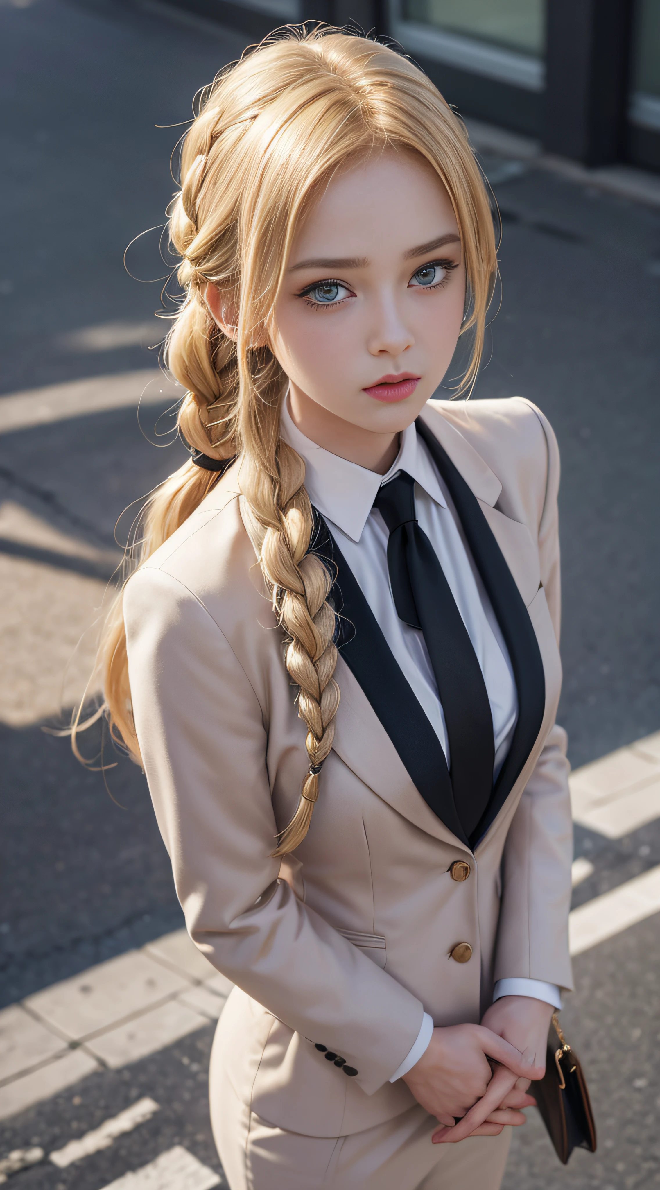 1girl, blonde, green eyes, side braid, standing in suit and tie, appears shoulders and head in the photo, (pout, angry, embarrassed,), blush, from front, from above, looking at viewer, upturned eyes, cleavage, masterpiece, top quality, best quality, official art, unity 8k wallpaper, highres, ultra-high res, ultra-detailed, (photorealistic:1.2)