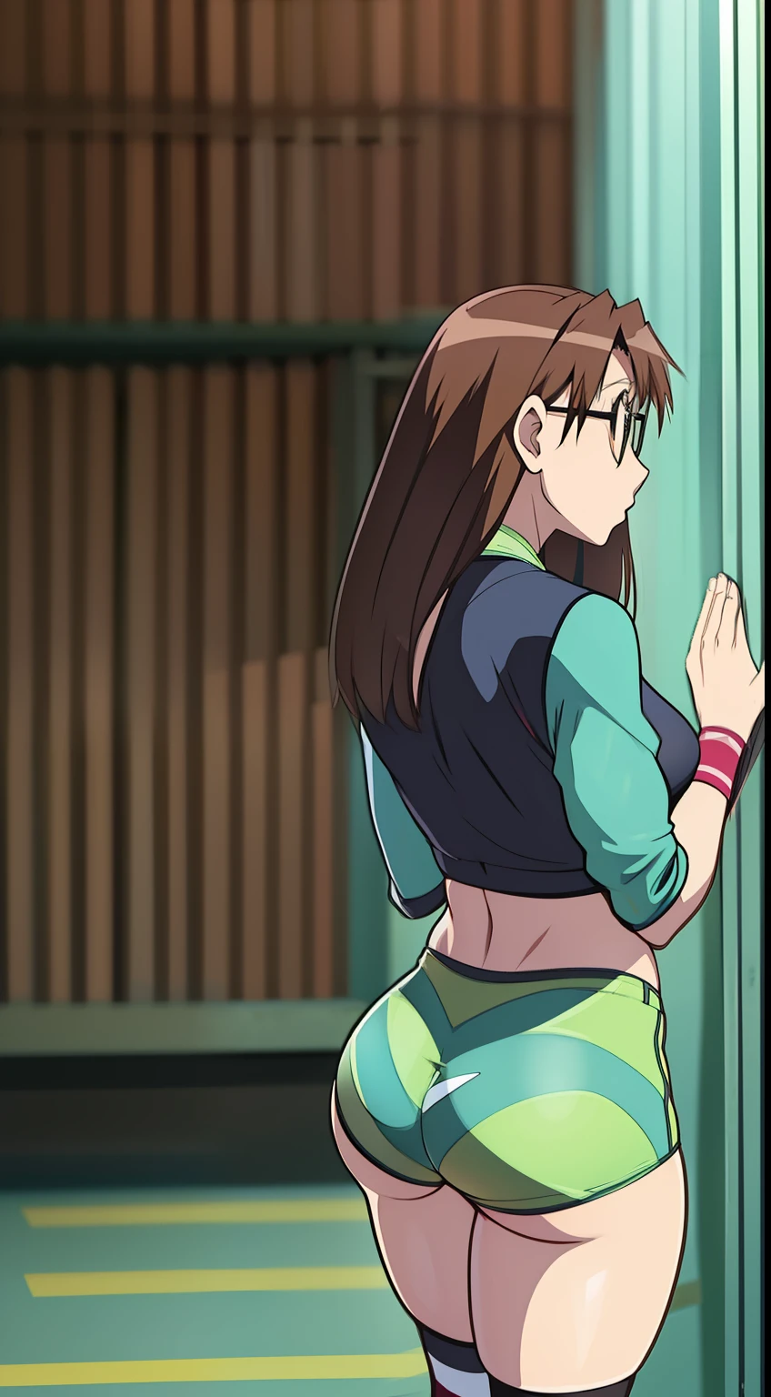 Koyomi Mizuhara, Brown hair, long hair, glasses, face, features, fit body, large breasts, Tight shirt, high cut striped Nike biker shorts, White sling thong, knee socks, and sneakers, wristband on left arm, view from behind, tight butt cheeks, clenching her ass, hands behind her ass, looking back, standing straight