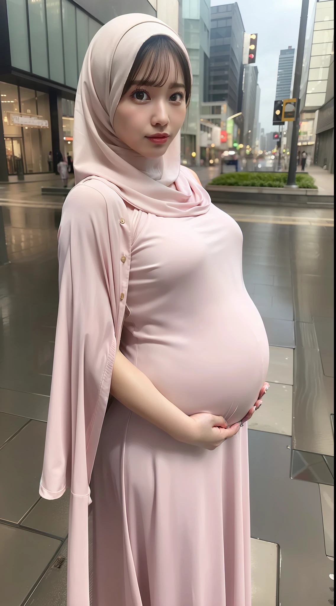 masterpiece, best quality, realistic, photorealistic, highly detailed, highly detailed face, solo, 1 girl, pink_shirt, wearing hijab, wearing makeup, long dress, long curly hair, bangs, walking, urban city, rain,