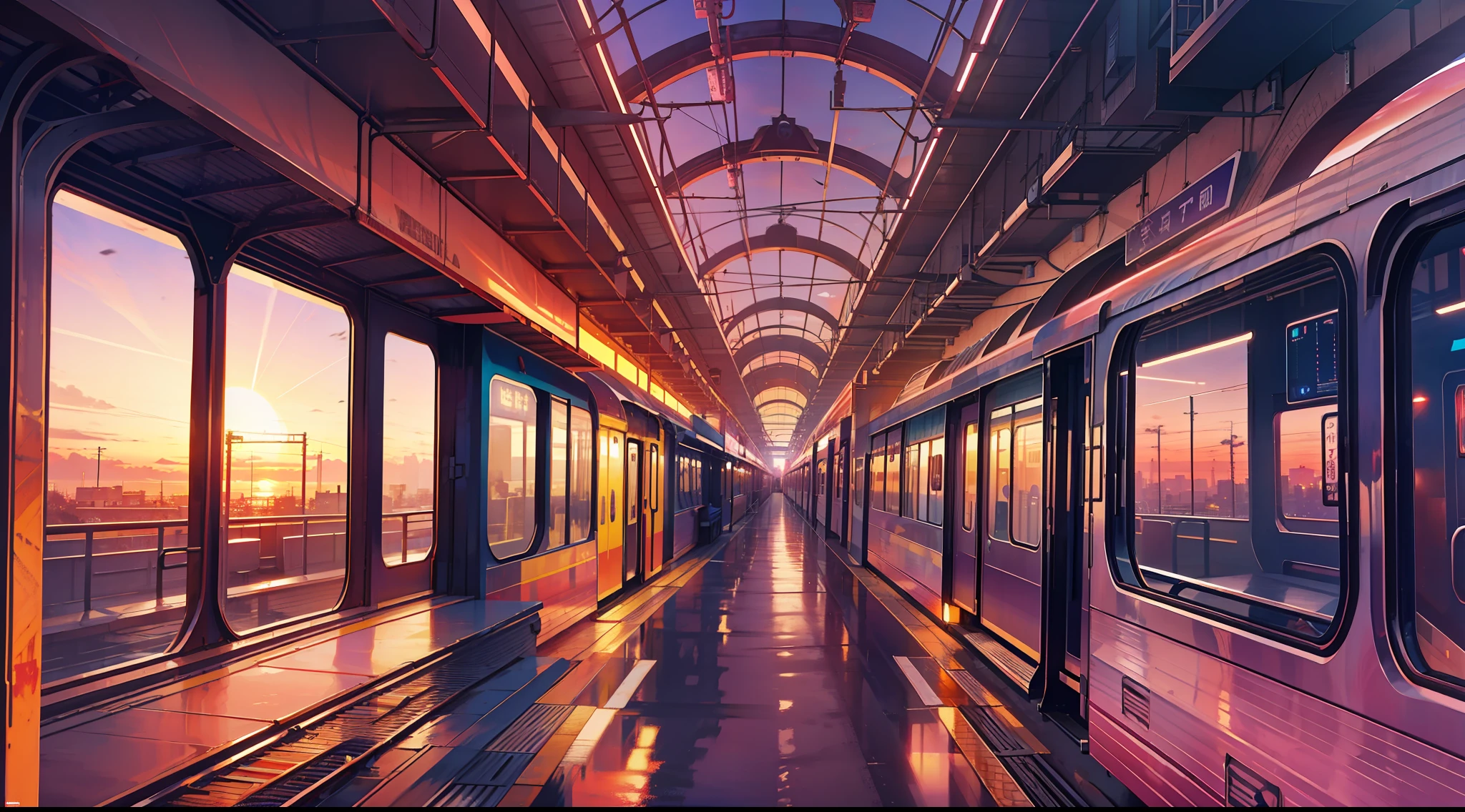 Sunset sky，setting sun，baiyun，Train railway，scenecy，tmasterpiece，super high image quality，Stirring，Station platform，Purple-red sunset，RTX ray tracing，3D wallpapers。