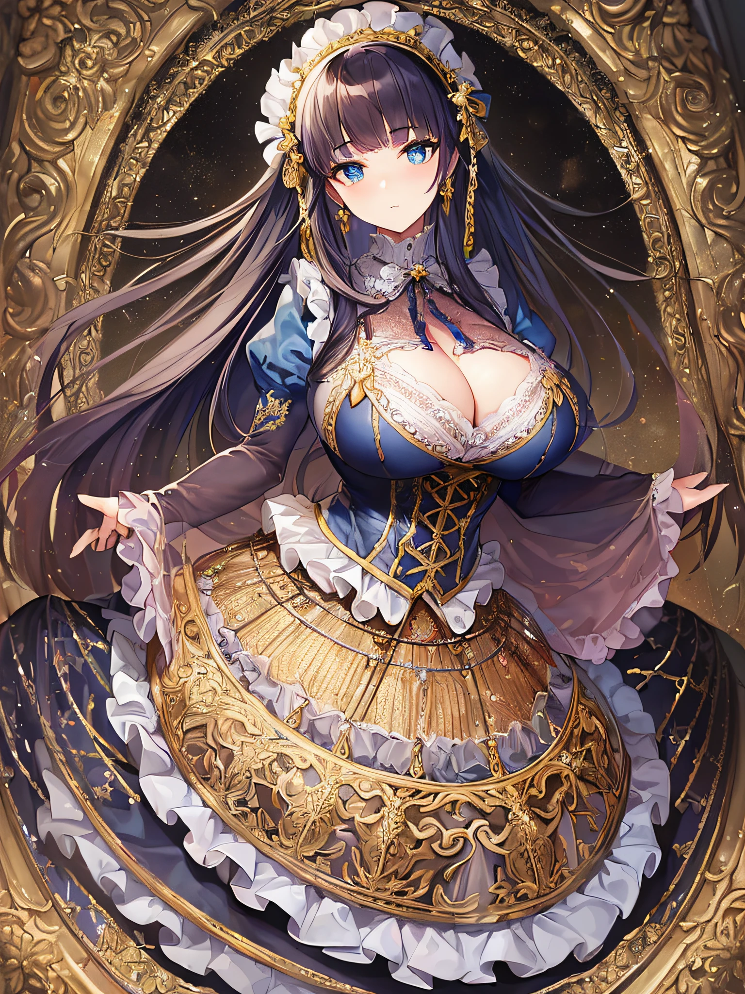 ((anime artstyle)),(Masterpiece),(Best Quality), (Super Detail),((Very Delicate and Beautiful)),((Solo)),((full body)),((1 princess in gorgeousfull victorian dress)),detailed face and eyes,jewel-like eyes,((voluminous Very Long Straight Hair)),((gorgeousfull embroidery and lace)),gorgeous corsage,See-through,gorgeousfull hair ornament,gorgeousfull glitter jeweled tiara,ornate ruffles,((gigantic breasts,Long breasts)),skindentation,((full body)),((hoop skirt,crinoline)),Dynamic Angle,Looking at viewer,royal victorian palace,(((gorgeous embroidery gorgeousfull victorian dress)),full body