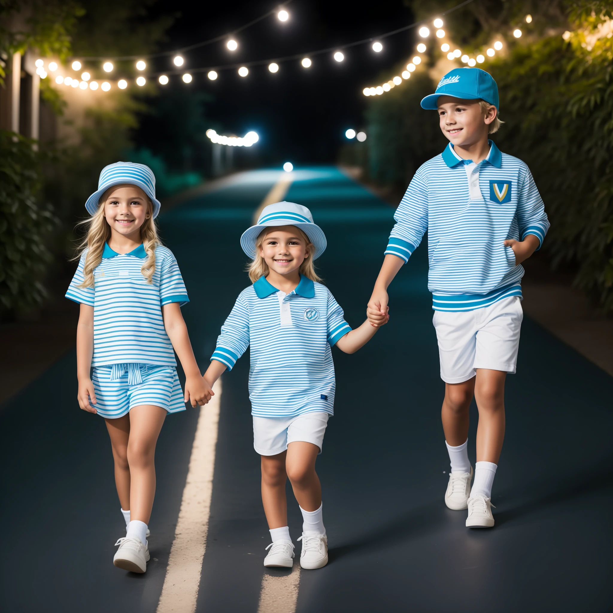 A photo taken of a girl walking hand in hand with a blonde boy of years wearing a striped outfit and a light blue cap (pele altamente detalhada: 1.2), 8k uhd, dslr, Uplighting