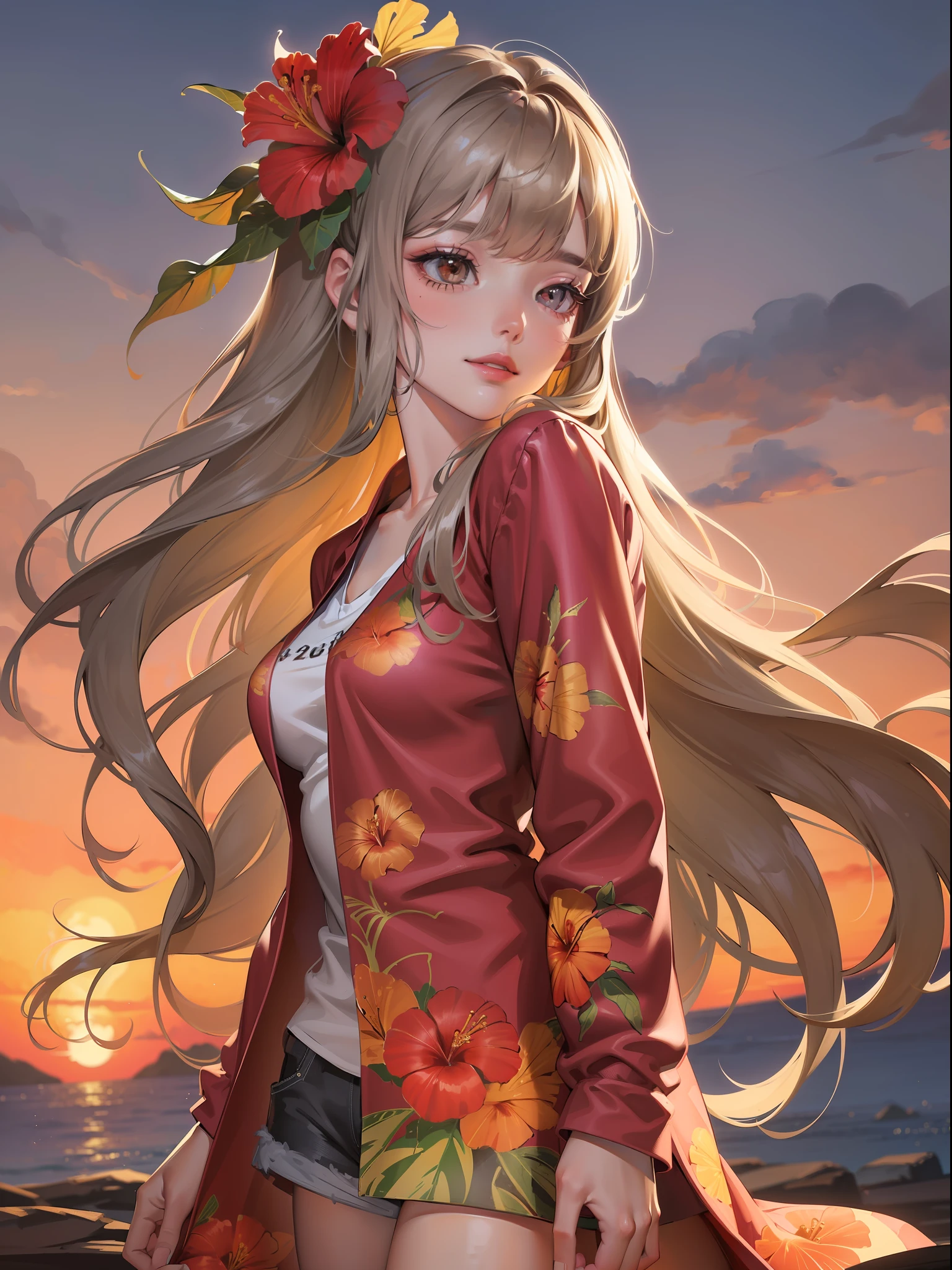 (Best Quality:1.2, 8K, Sharp Focus, master piece: 1.2, natural Light, extremely details CG, beautiful Girl:1.2, reality, Detailed face textures, Realistic skin, beautiful makeup, 20old, octane render, magnificent, Detailed bangs)), (depth of fields), Bokeh background, Smile, detailed brilliant brown and silver two-tone long hair, Cowboy Shot, (hibiscus print aloha shirt), wind, from side