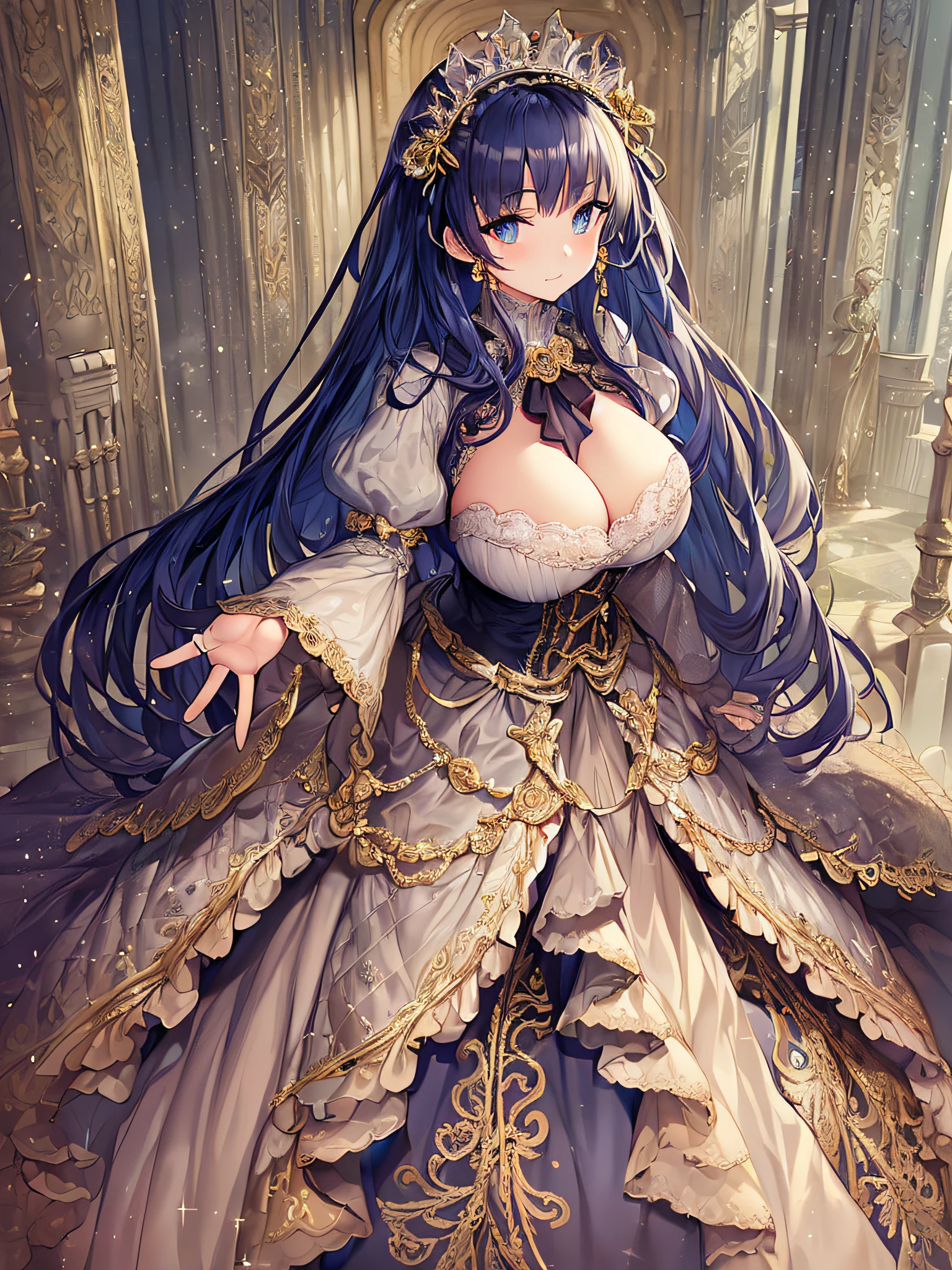 ((anime artstyle)),(Masterpiece),(Best Quality), (Super Detail),((Very Delicate and Beautiful)),((Solo)),((full body)),((1 princess in gorgeousfull victorian dress)),detailed face and eyes,jewel-like eyes,((voluminous Very Long Straight Hair)),((gorgeousfull embroidery and lace)),gorgeous corsage,See-through,gorgeousfull hair ornament,gorgeousfull glitter jeweled tiara,ornate ruffles,((gigantic breasts,Long breasts)),skindentation,((full body)),((hoop skirt,crinoline)),Dynamic Angle,Looking at viewer,royal victorian palace,(((gorgeous embroidery gorgeousfull victorian dress)),full body