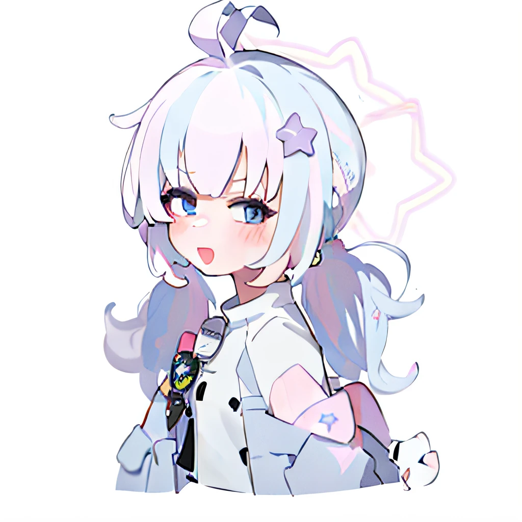 cartoon drawing of a girl with a ponytail and a blue jacket, smol, cute character, neferpitou, shikamimi, white haired, she has a cute expressive face, with index finger, girl with white hair, white haired deity, telegram sticker, anime moe artstyle, [[[[grinning evily]]]]