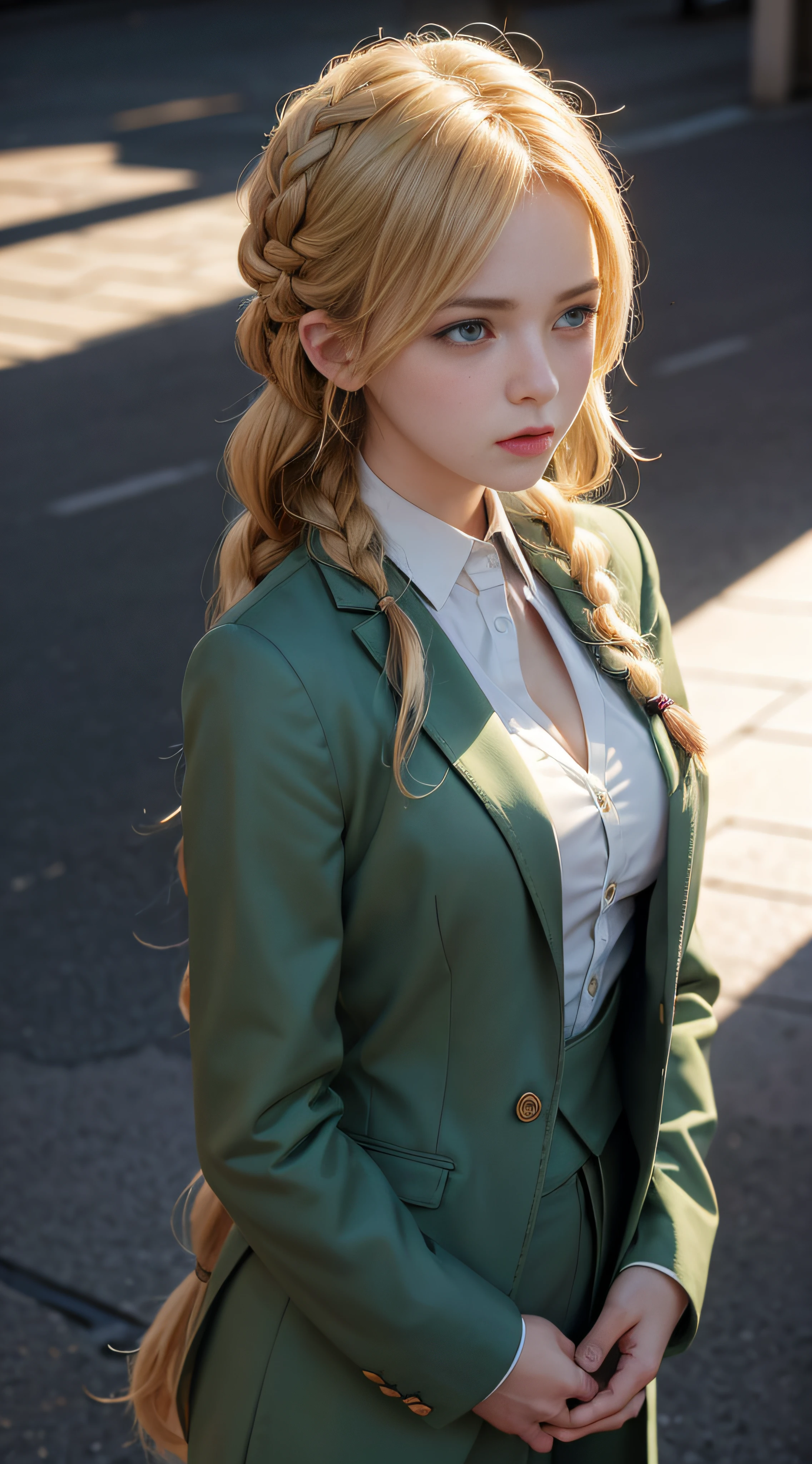 1girl, blonde, green eyes, side braid, standing in suit and tie, appears shoulders and head in the photo, (pout, angry, embarrassed,), blush, from front, from above, looking at viewer, upturned eyes, cleavage, masterpiece, top quality, best quality, official art, unity 8k wallpaper, highres, ultra-high res, ultra-detailed, (photorealistic:1.2)