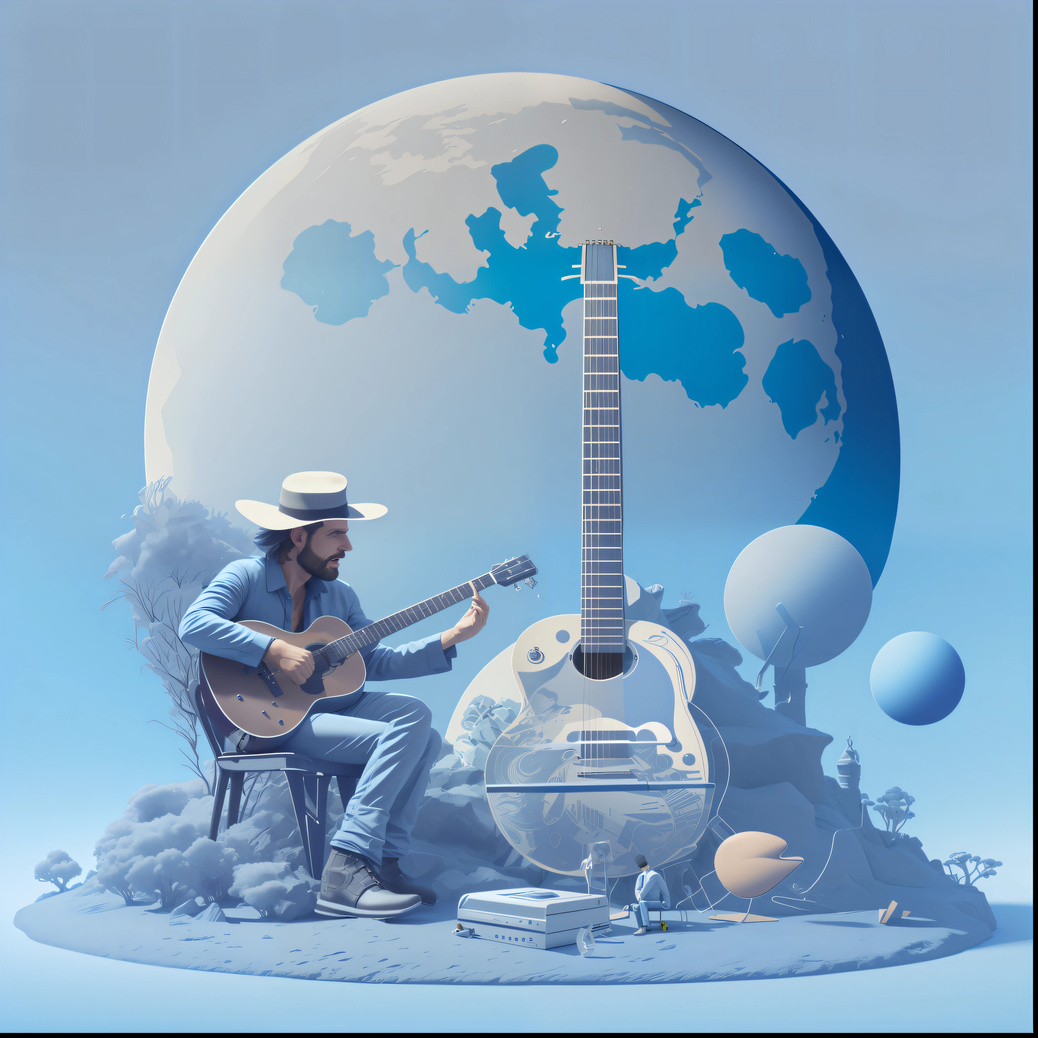 there is a man sitting in a chair playing a guitar, 3 d illutration, 3 d illustration, 3 d illustration, O guitarrista, highly detailed composition, Described as a 3D rendering, musician, surreal 3 d render, concept illustartion, 3 d artistic render, Album art, promotional render, arte conceitual da guitarra, Man playing guitar, guitarrista