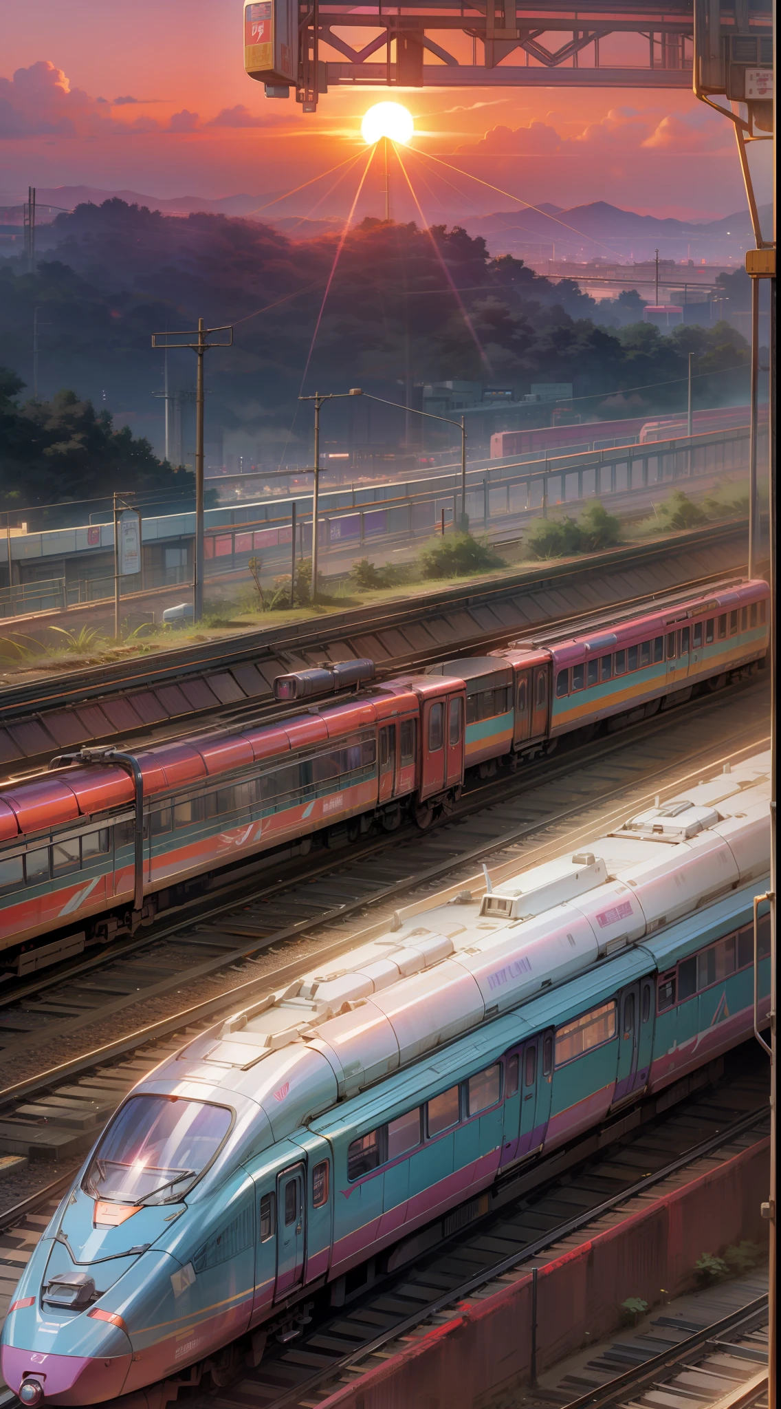 Sunset sky,setting sun,baiyun,super high image quality,Stirring,Train railway,scenecy,tmasterpiece,Station platform,Purple-red sunset,RTX ray tracing,3D wallpapers