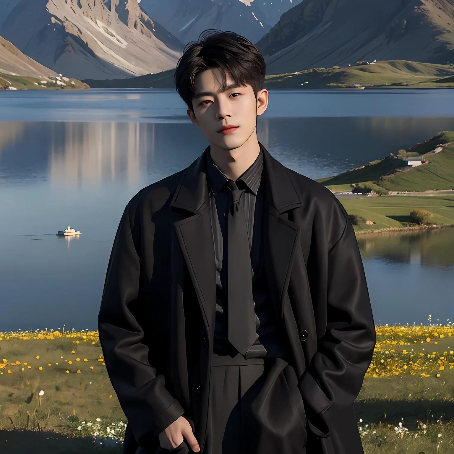 Best quality, Masterpiece, (Photorealistic:1.4), 1boy, Solo, Short hair, Black coat, Long sleeves, Upper body, Dramatic lighting, view the viewer,, rural, Flowers, Lake, Sunshine,