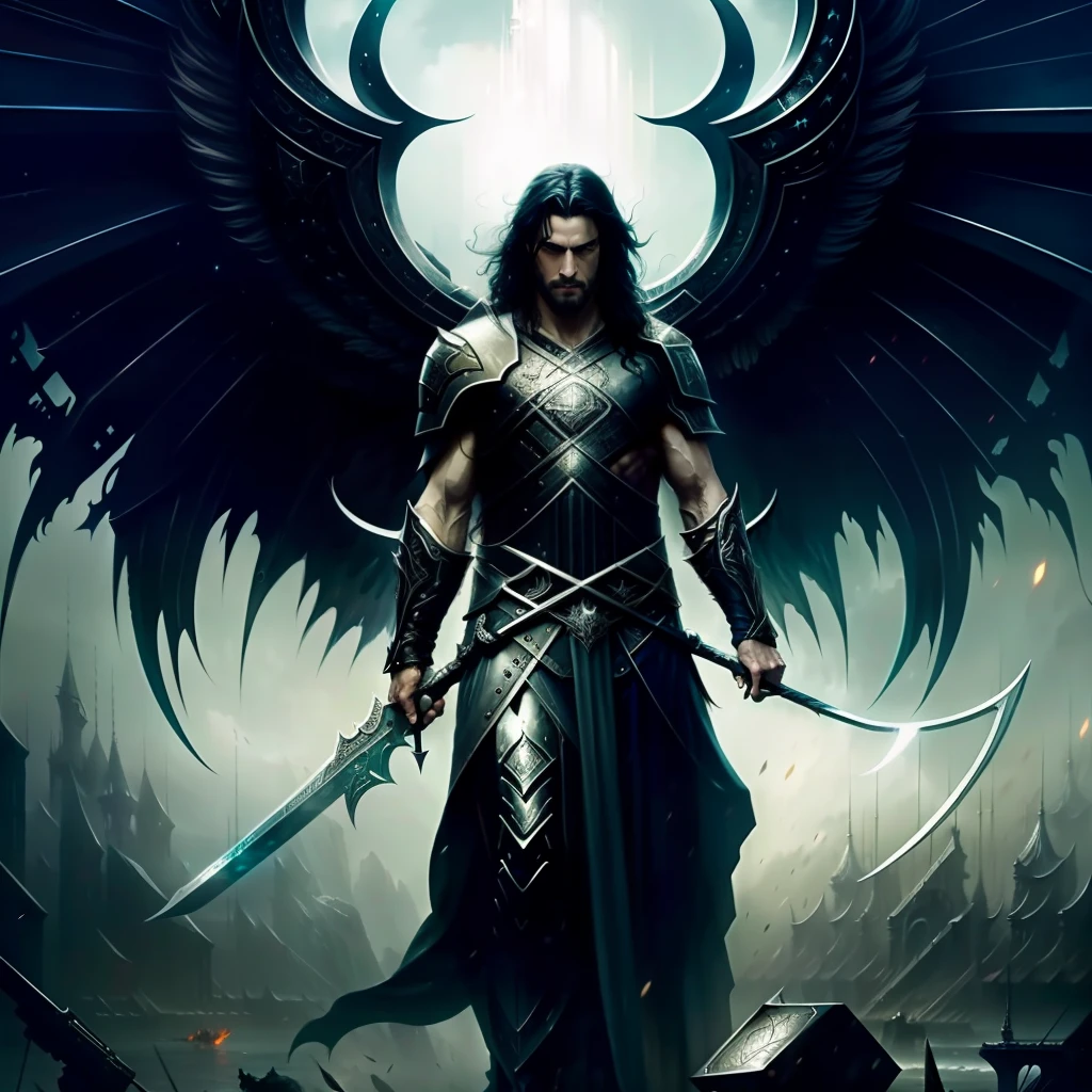 A man with very very long black hair, white face, gray black armor, a very long sword in his hand is looking down, looking at the sky and going up,a large black angel standing in front of a crowd of people, by Aleksi Briclot, greg rutkowski and luis royo, dark angel, dark fantasy digital art, by Bastien L. Deharme, luis royo and greg rutkowski, by Ross Tran, by Clint Cearley, artstyle greg rutkowski, zdzislaw beksinski