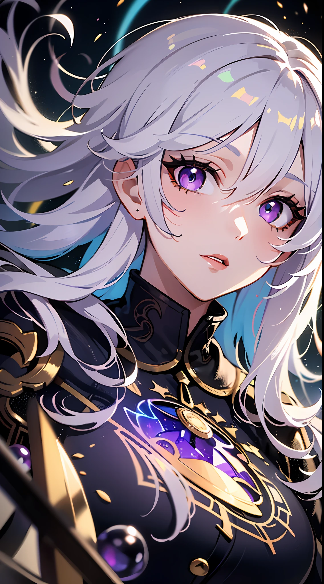 (masterpiece, best quality, ultra-detailed, best shadow), (detailed background,dark fantasy), (beautiful detailed face), high contrast, (best illumination, an extremely delicate and beautiful), ((cinematic light)), colorful, hyper detail, dramatic light, intricate details, (1girl, solo,white hair, sharp face,purple eyes, hair between eyes,dynamic angle), blood splatter, swirling black light around the character, depth of field,black light particles,(broken glass),magic circle,