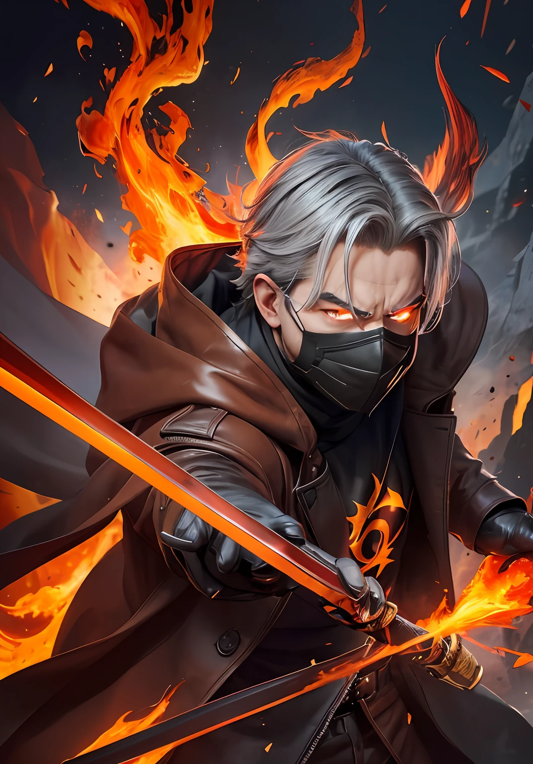A ((handsome Man)) wearing a black mask covering his nose and mouth ((revealing his upper face including eyes ears and hair)), grey hair, ((glowing red eyes)), filled with rage, wearing a ((brown leather coat)), black gloves, holding a shiny iron katana, (((a golden star placed on his chest))), red lightnings, inferno background, flames flicker and roar with intensity, casting a warm, golden glow that illuminates the surroundings. Let the colors blend and merge, creating a mesmerizing spectacle of reds, oranges, and yellows that seem to leap off the canvas. In this scorching display, the heat is palpable, and the energy is contagious. The flames exude a sense of power and vitality, leaving an indelible impression on anyone who gazes upon the artwork. Bring forth the brilliance of the inferno and let it radiate with a captivating luminosity that captures the imagination and ignites the senses -imagine -